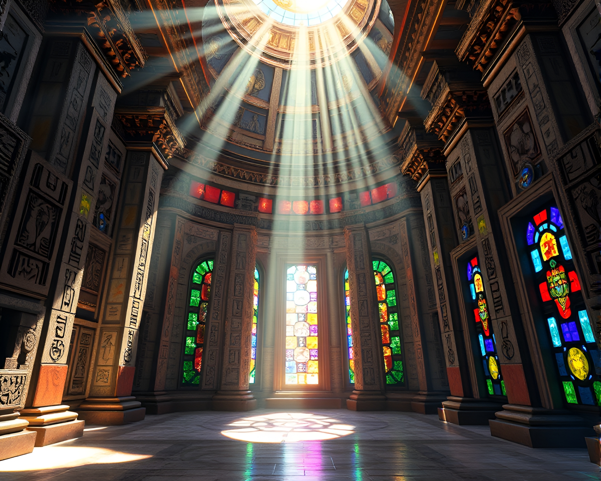 Mesmerizing Ancient Temple Embraced by Enigmatic Stained Glass – free AI stock image