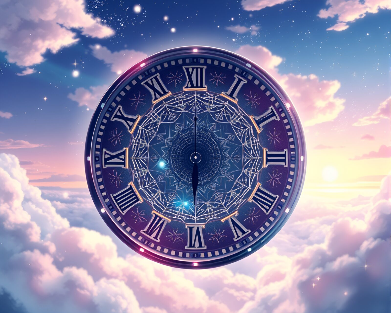 Detailed clock face with swirling patterns against tranquil anime scenery