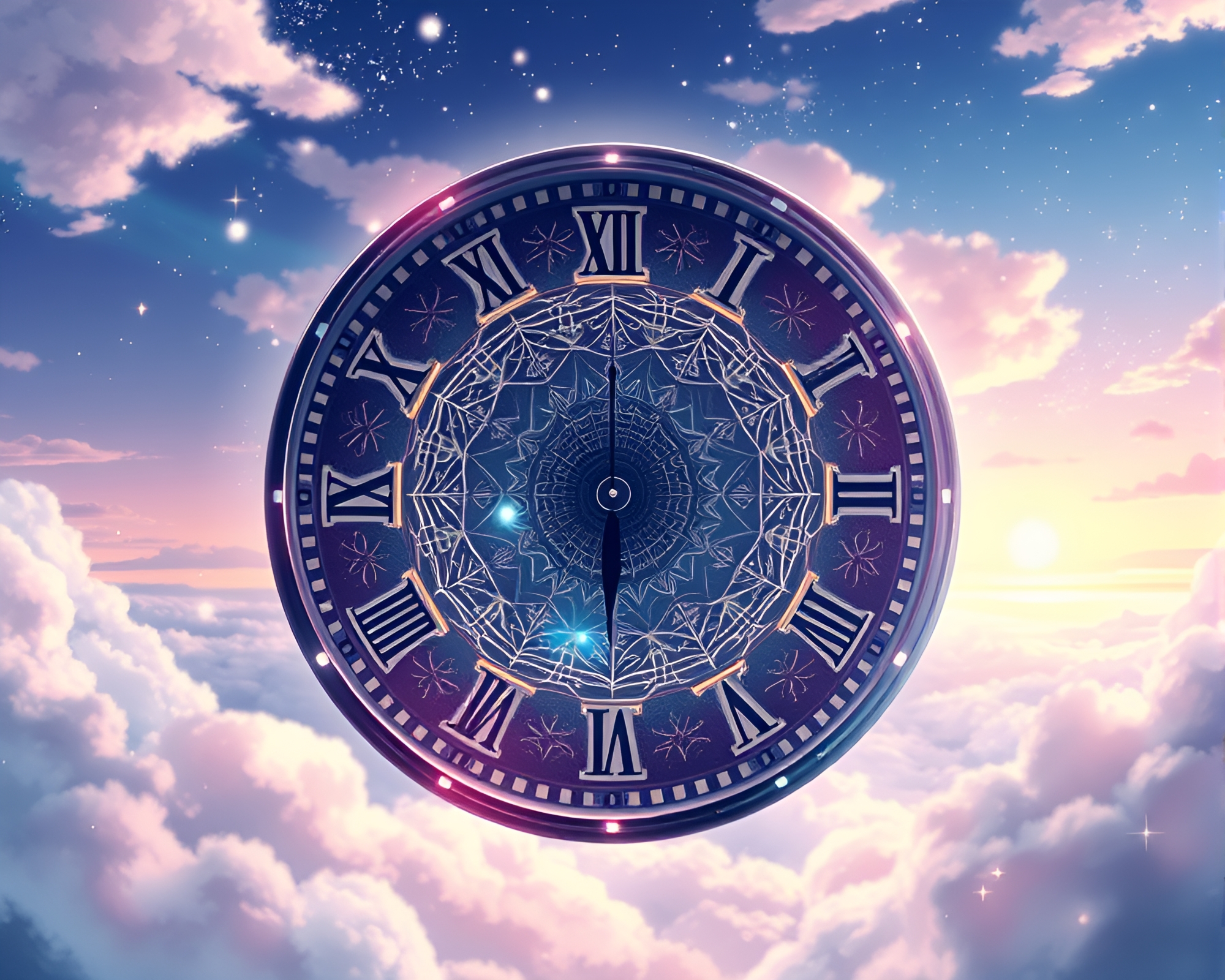 Intricate Cosmic Clock on Serene Anime Backdrop – free AI stock image