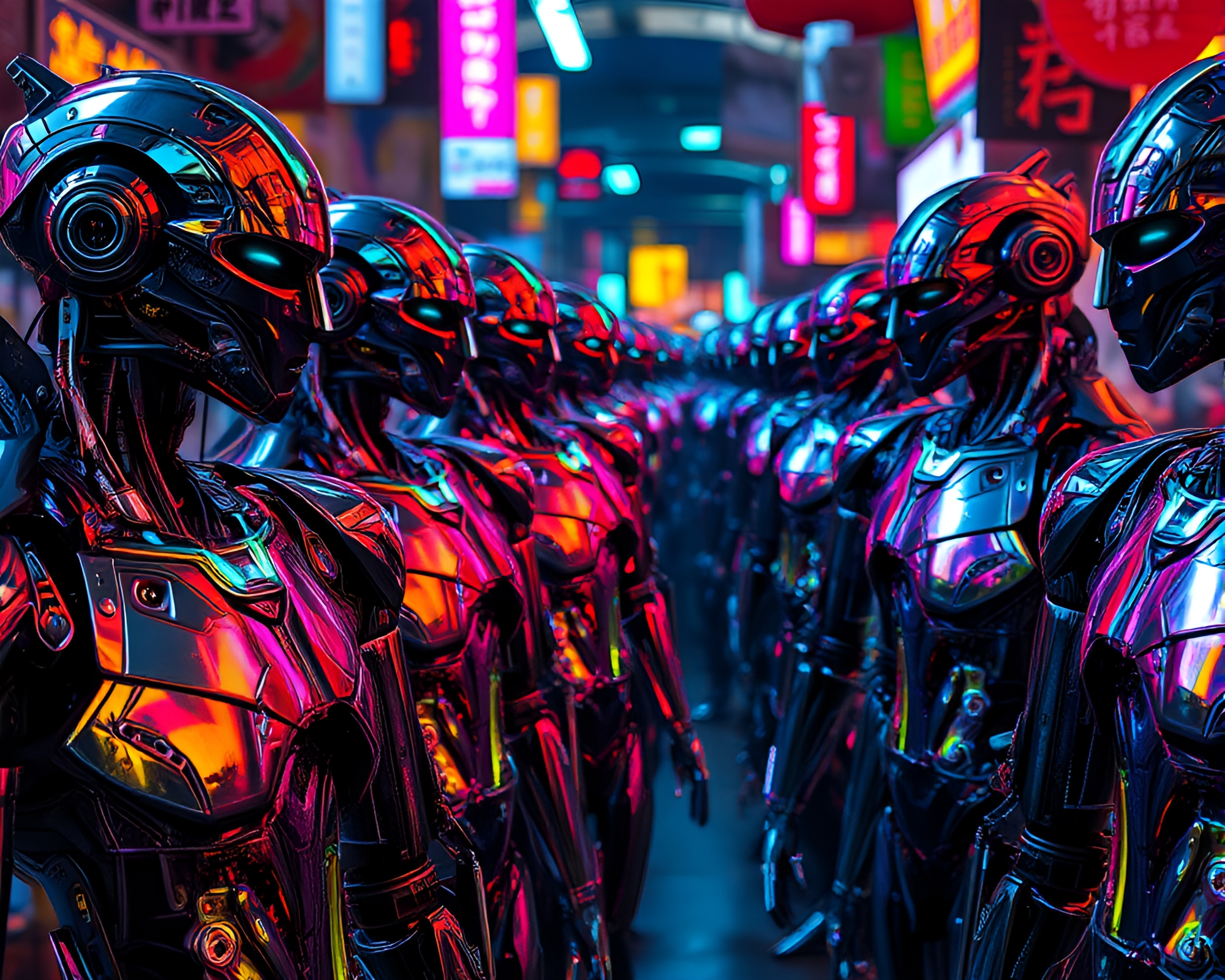 Futuristic Androids Light up Vibrant Market Scene – free AI stock image