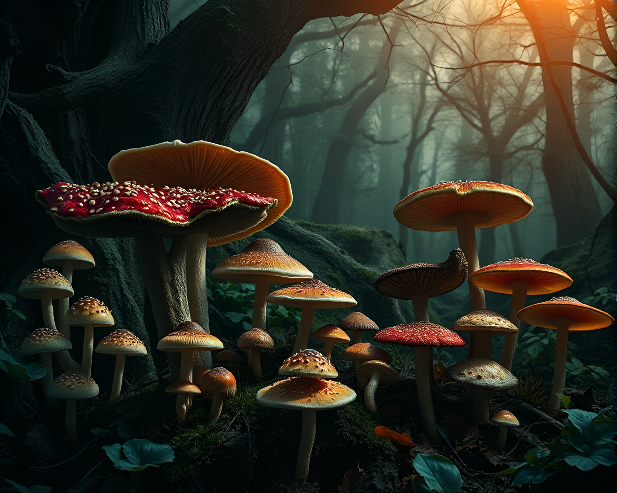 Subterranean Fungi Collage in Shadowy Forest – free AI stock image