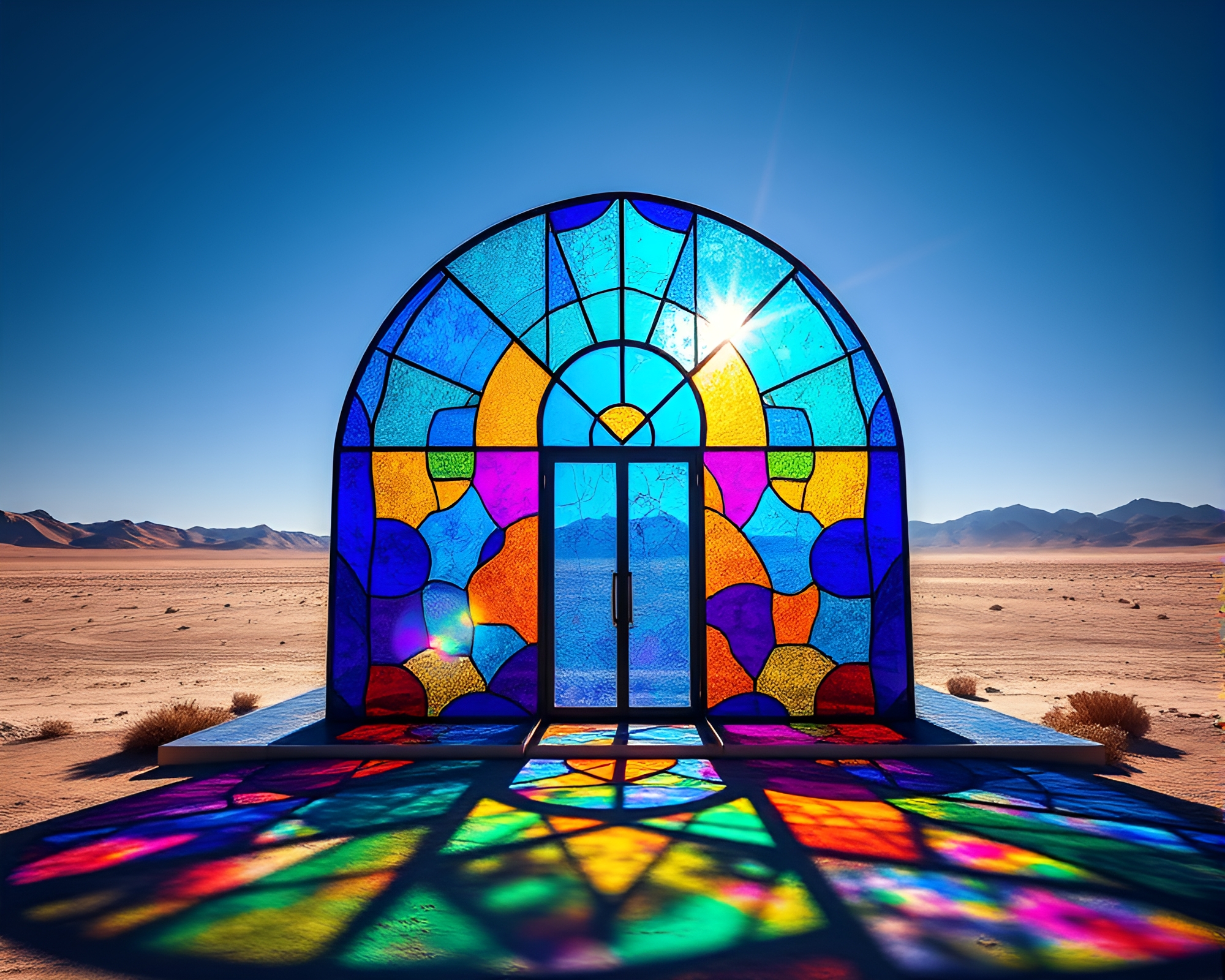 Magnificent Stained Glass Oasis in Crystal Desert Landscape – free AI stock image