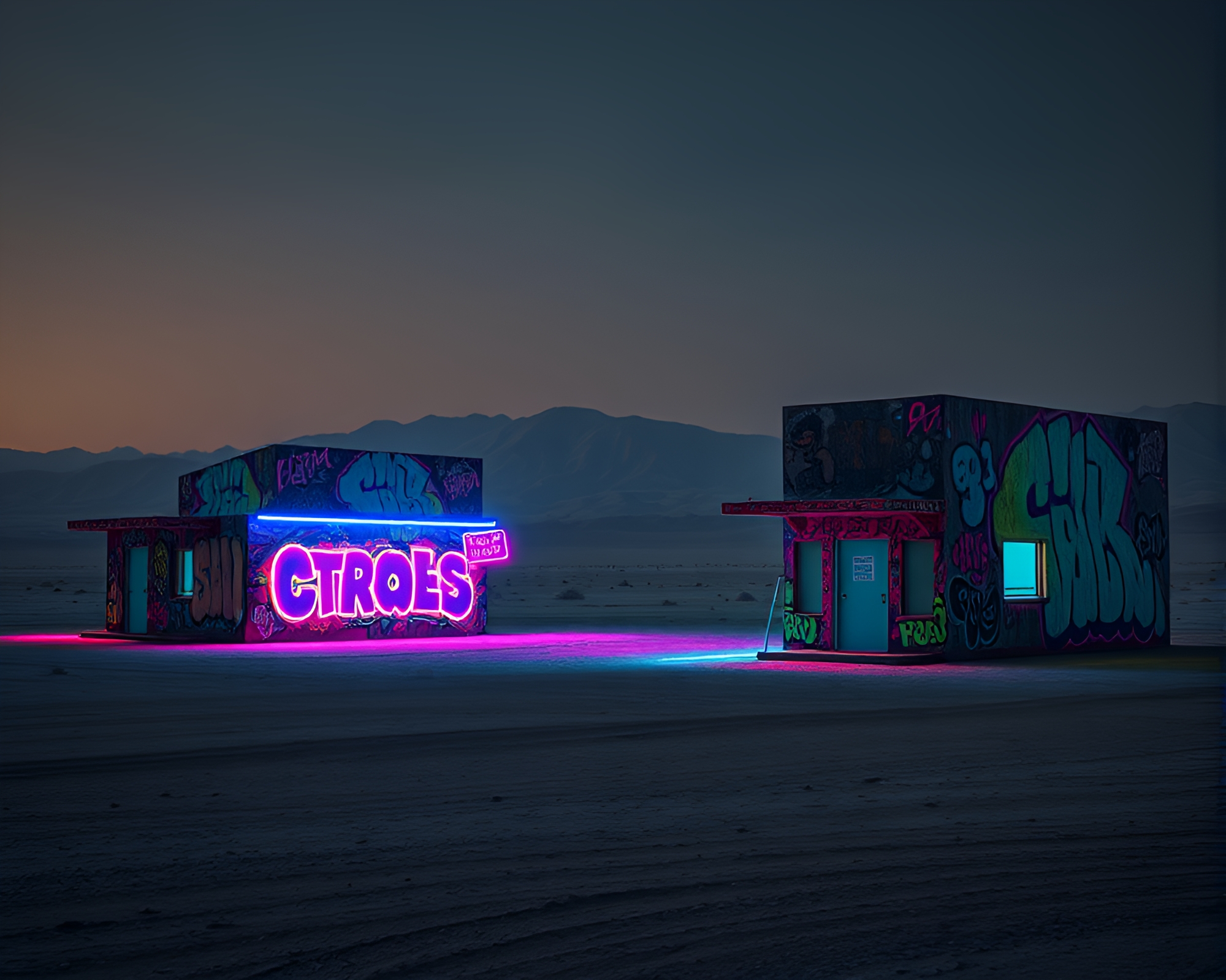 Ethereal Neon Graffiti in Metallic Desert Wasteland – free AI stock image