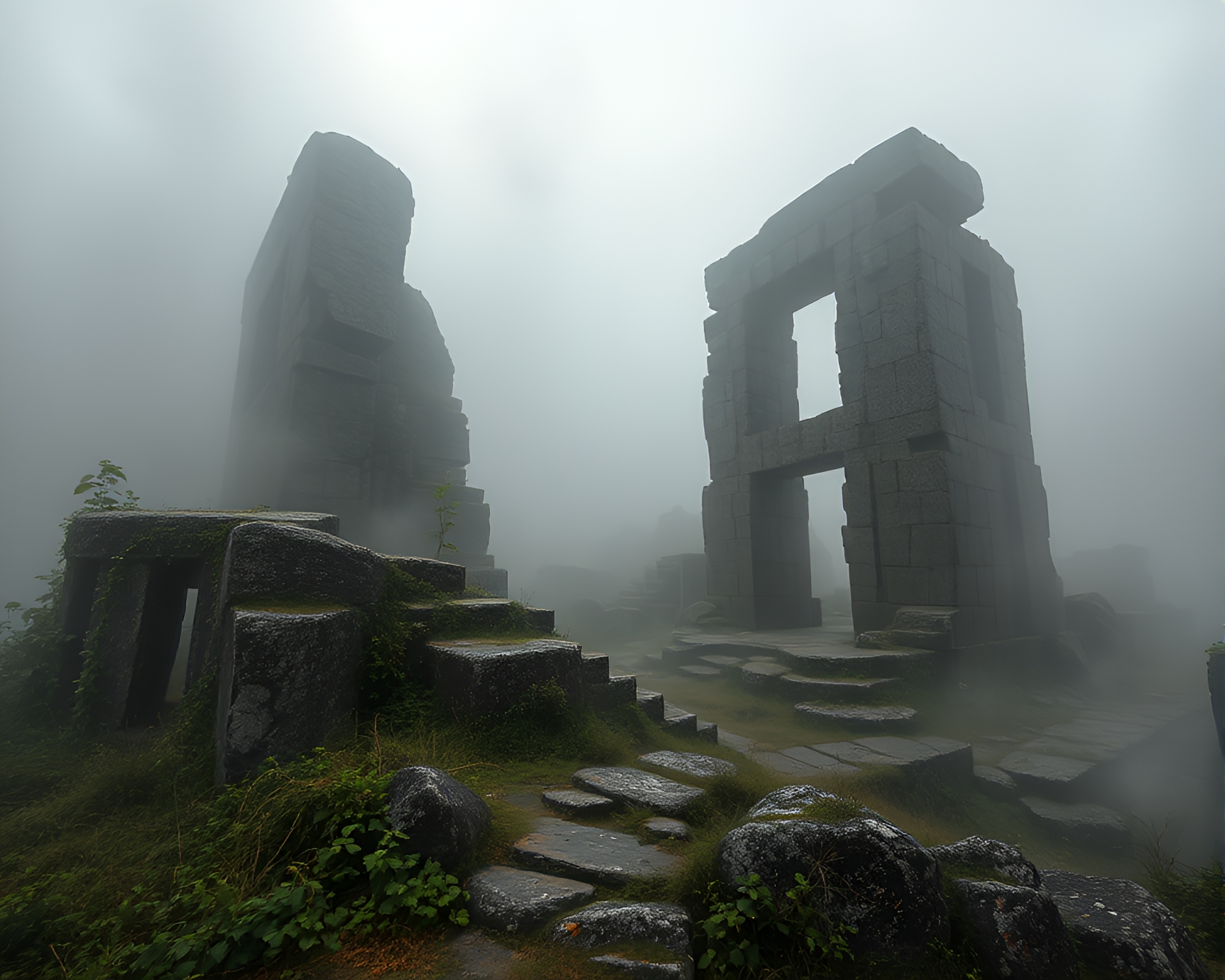 Enigmatic Monolithic Ruins Engulfed in Mystical Fog – free AI stock image