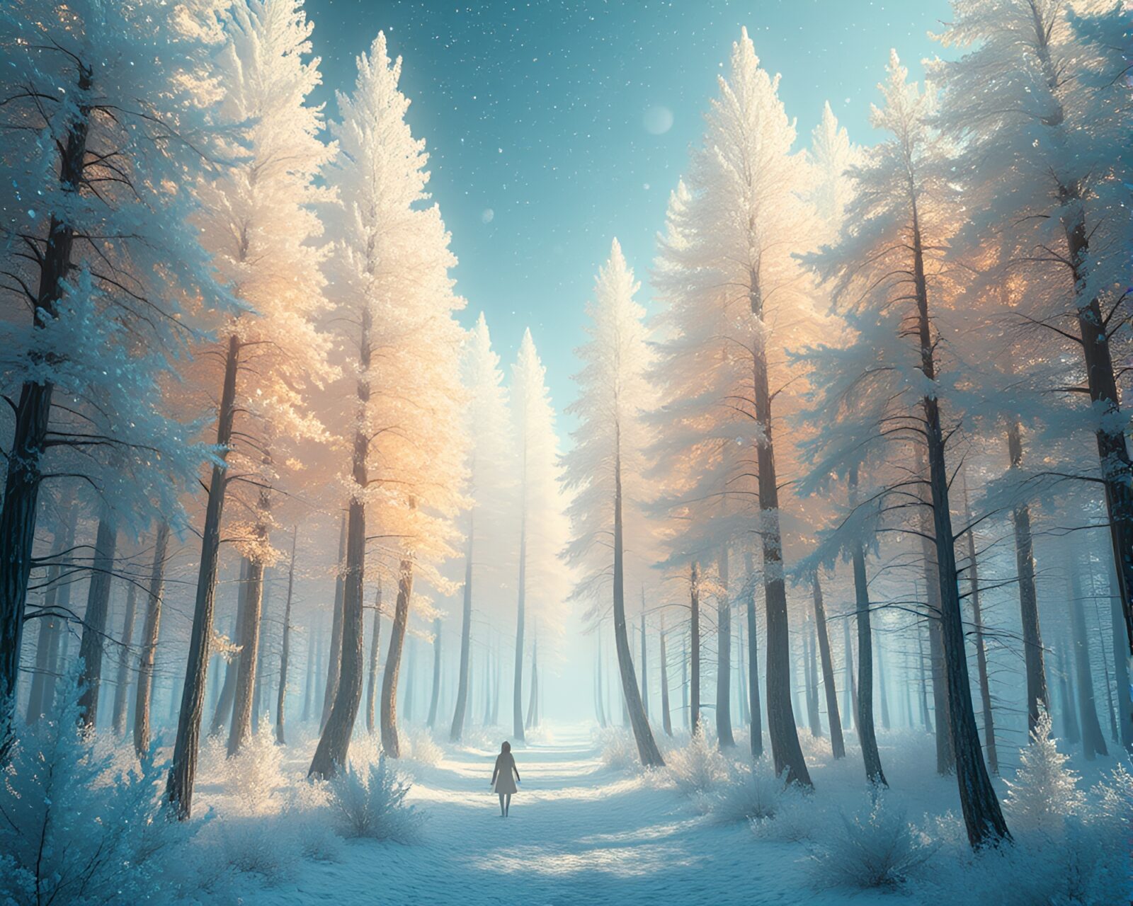 Majestic silicon crystal trees shimmer and gleam in ethereal forest