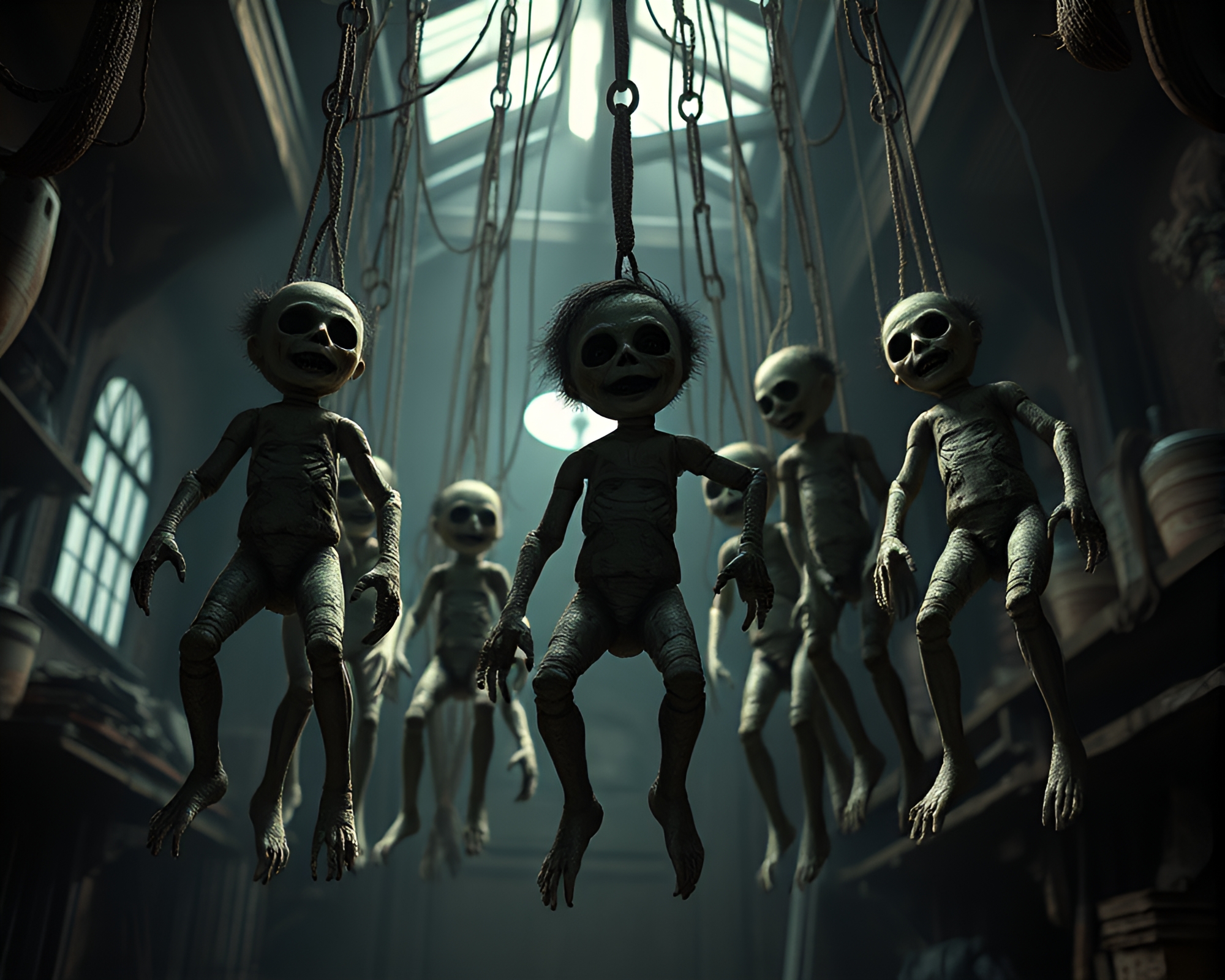 Twisted Dolls Haunt Eerie Workshop with Ethereal Light – free AI stock image
