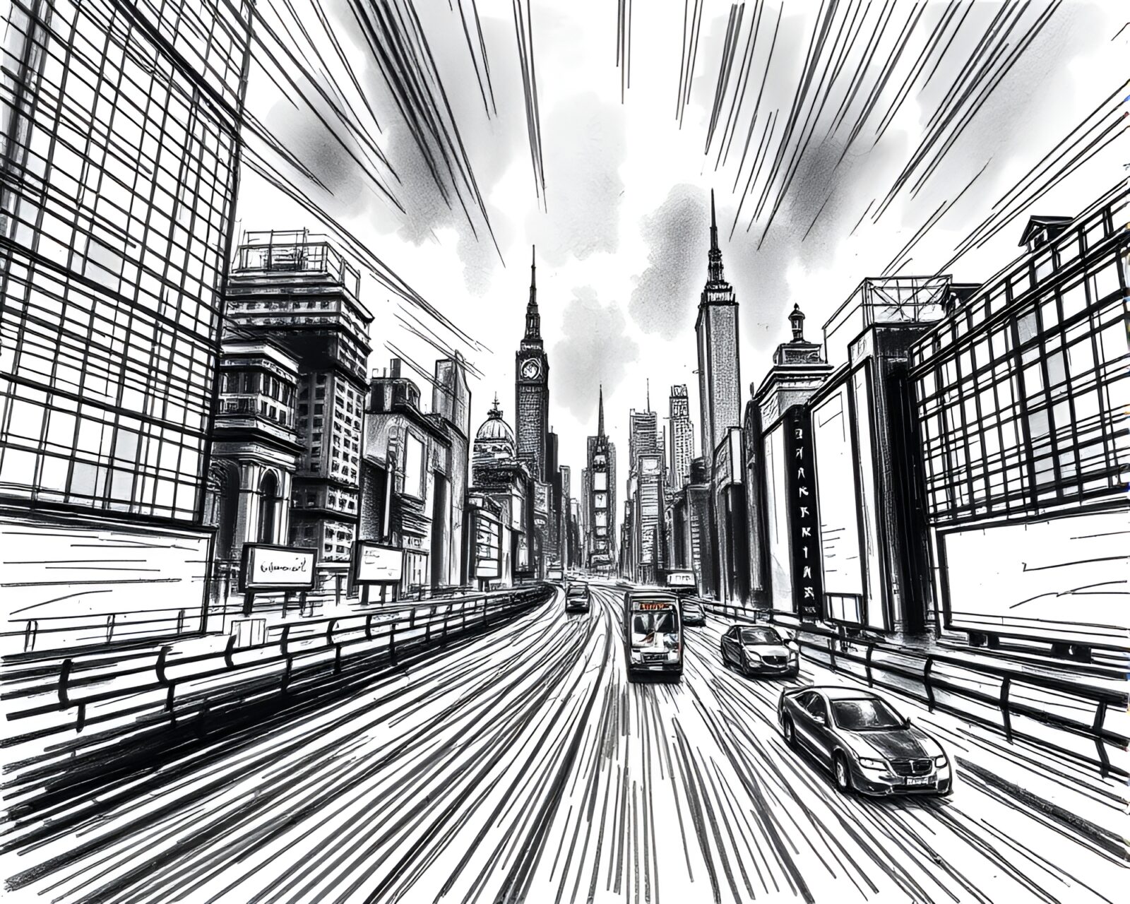 Vibrant city streets captured in intense charcoal sketch art