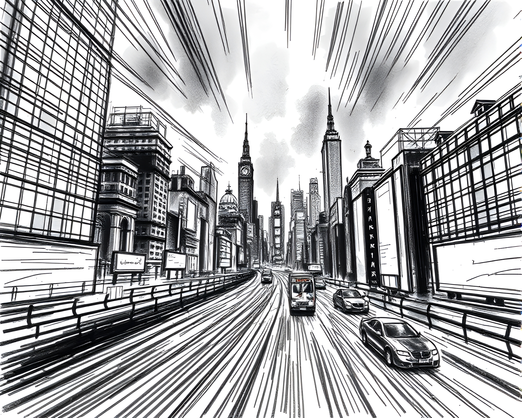 Dynamic Cityscape in Electrifying Charcoal Sketch Style – free AI stock image