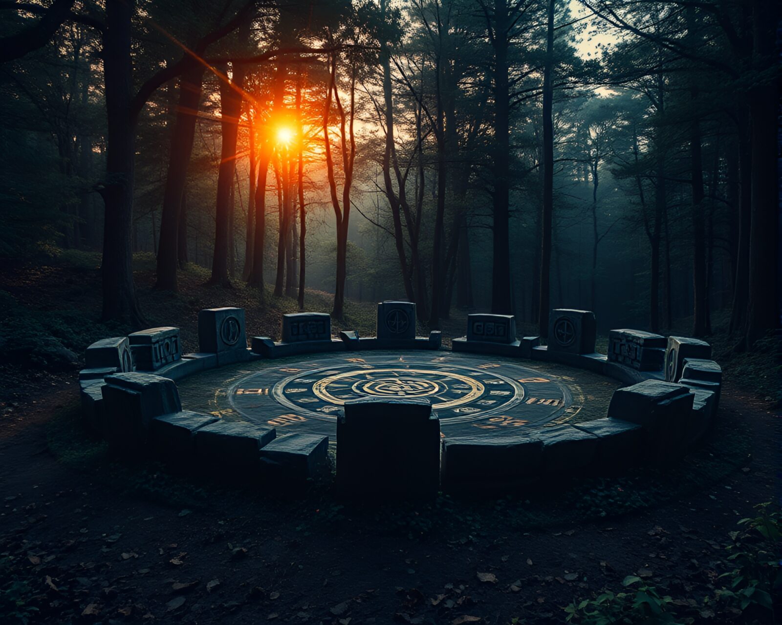 Intricately adorned stone circle in forest at sunset