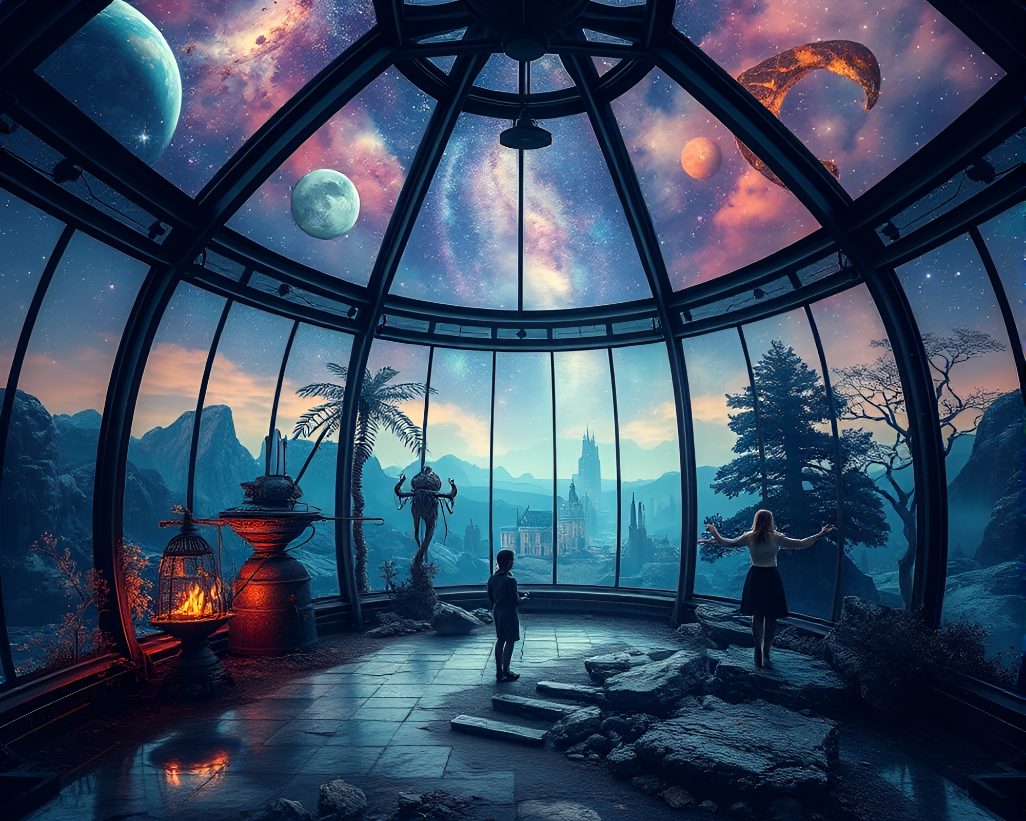 Surreal Photomontage Collage Transforms Glass Observatory Landscape – free AI stock image