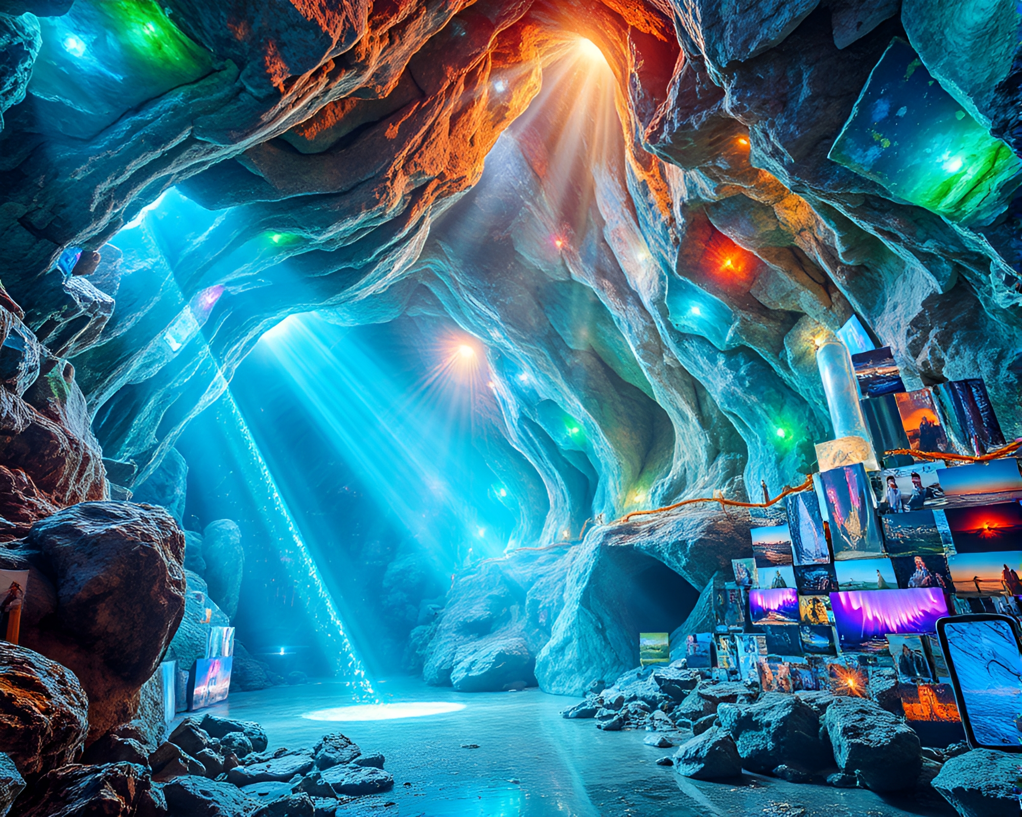 Iridescent Light Beams Illuminate Joyous Photomontage Collage – free AI stock image