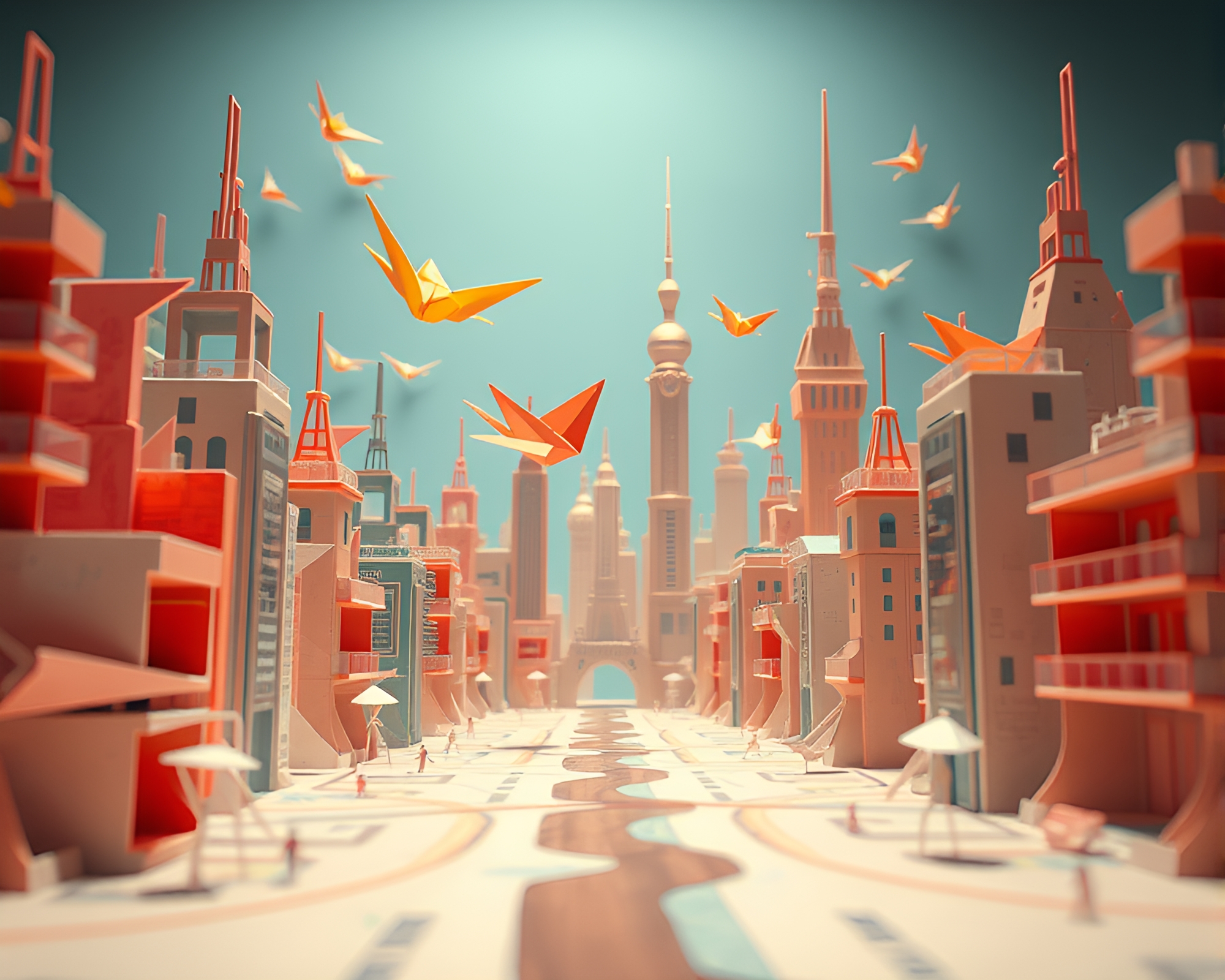 Futuristic Origami Cityscape Floating in Mid-Air – free AI stock image