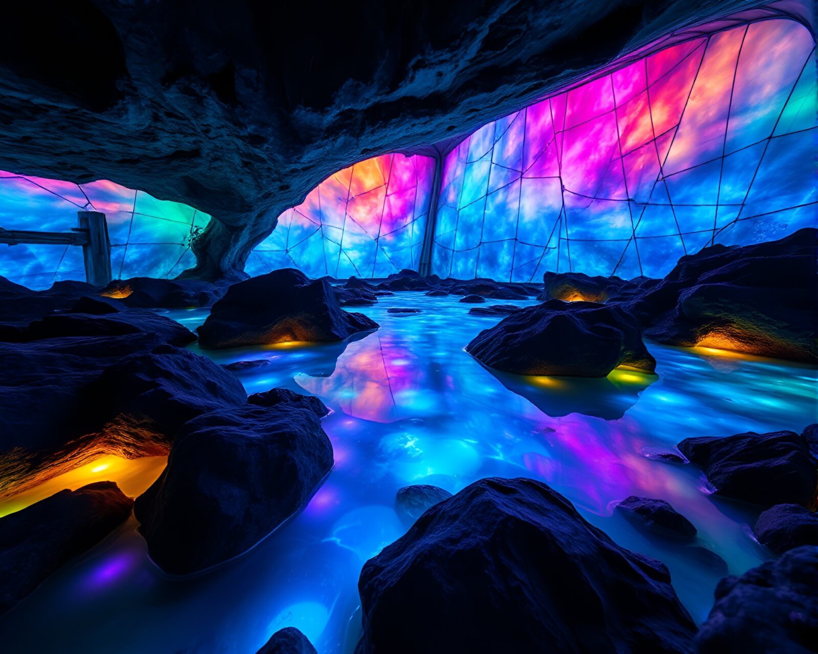 Glowing waters illuminate rocks and marine life at night