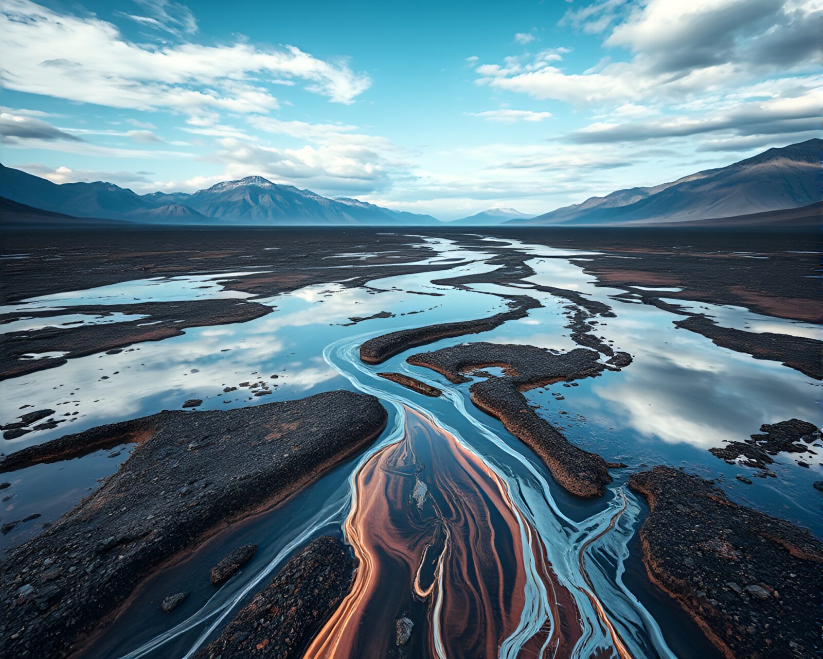 Liquid mercury river reflecting surroundings in photorealistic CGI