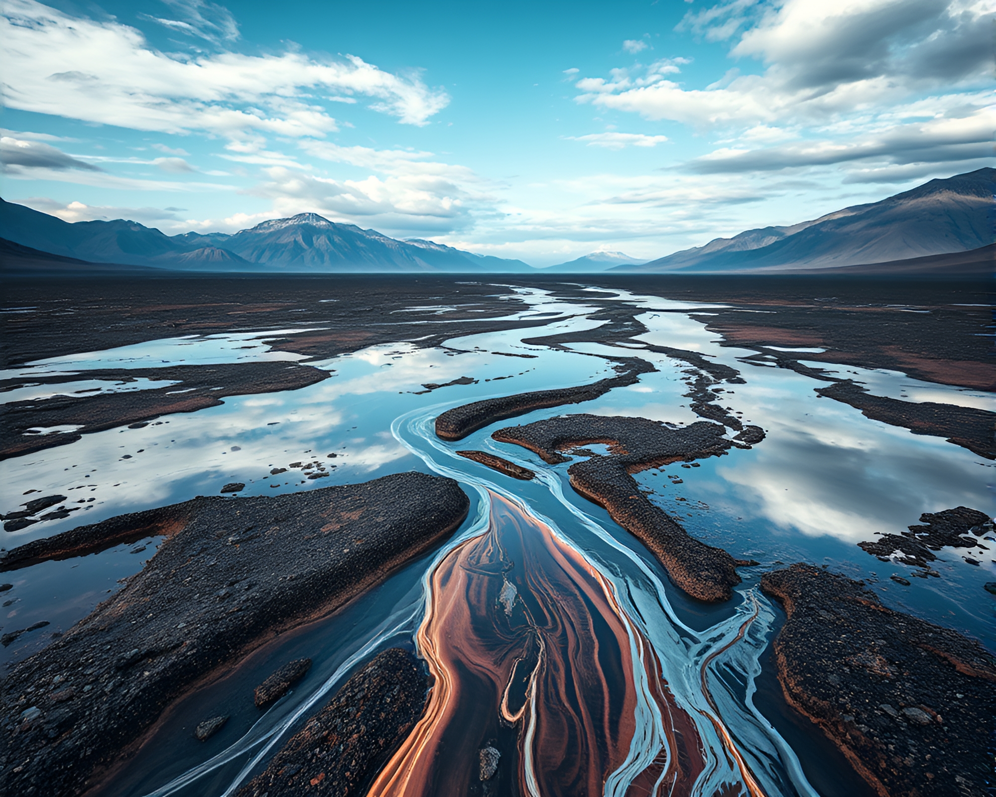 Surreal Mercury River in Barren Landscape – free AI stock image