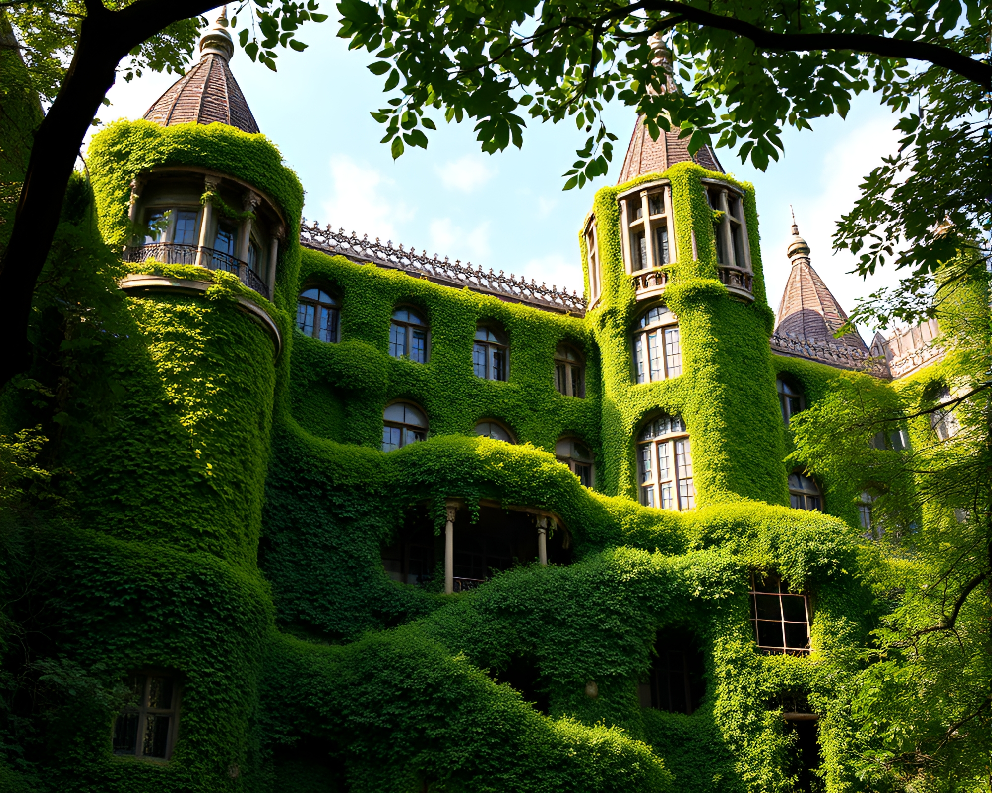 Ivy-Entwined Art Deco Fortress: Serene Elegance – free AI stock image