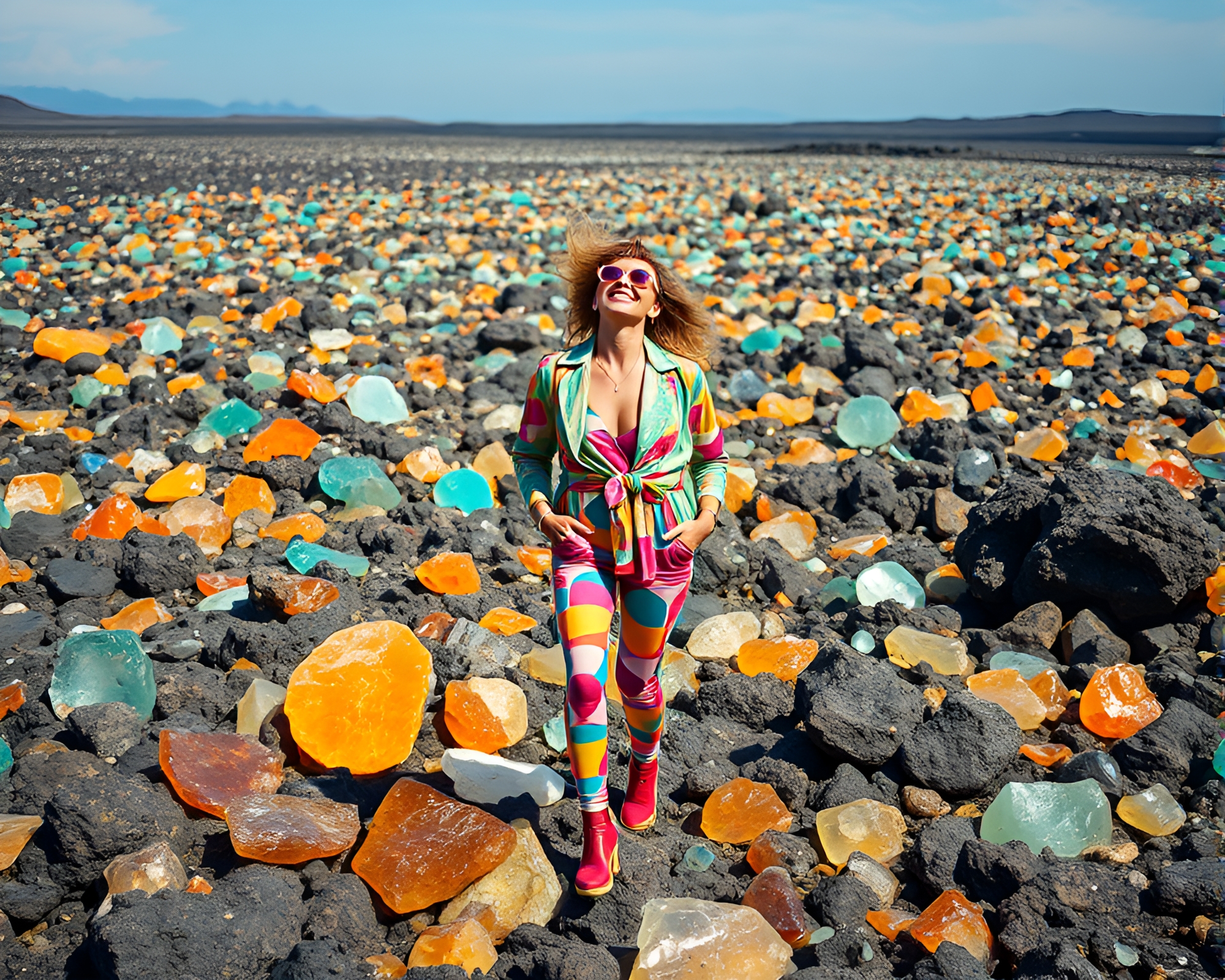 Vibrant Fashion Designer Amid Sparkling Volcanic Glass Landscape – free AI stock image