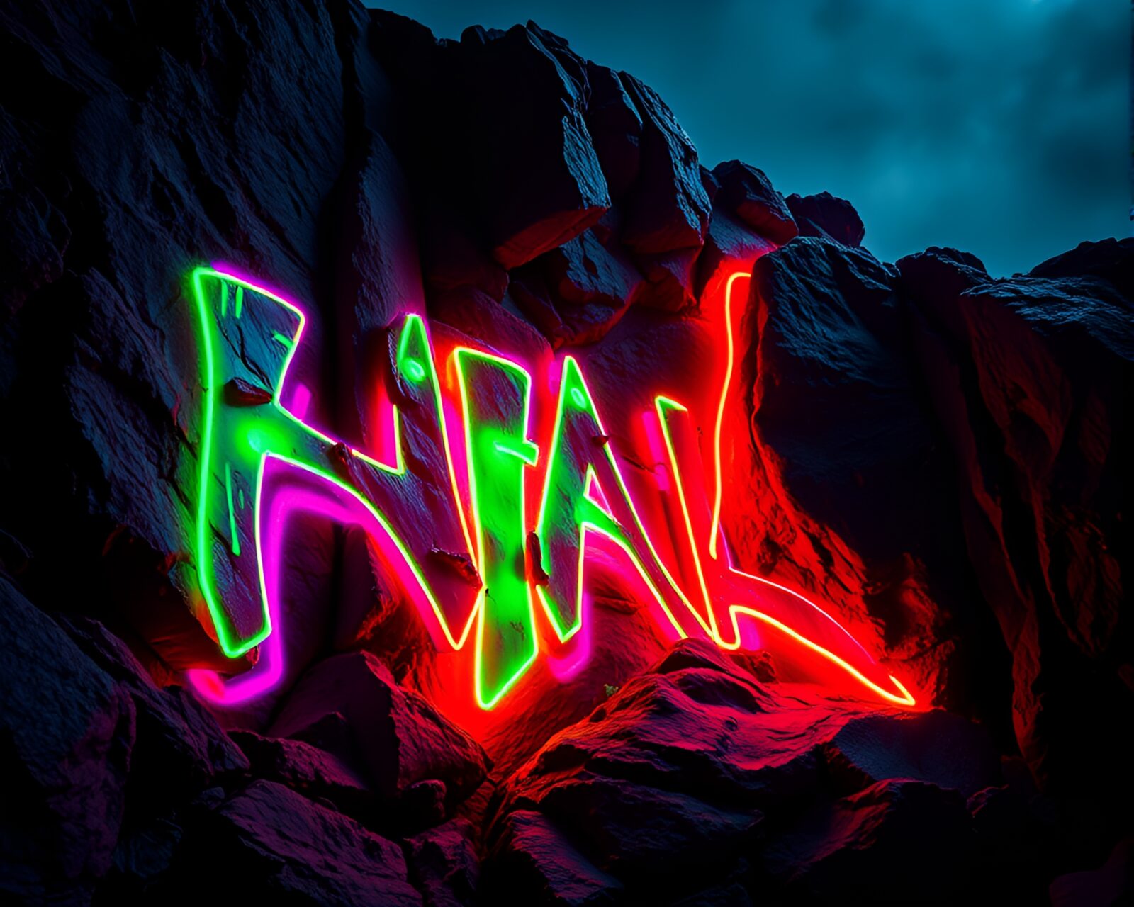 Mesmerizing graffiti in neon pink, blue, and green on obsidian walls