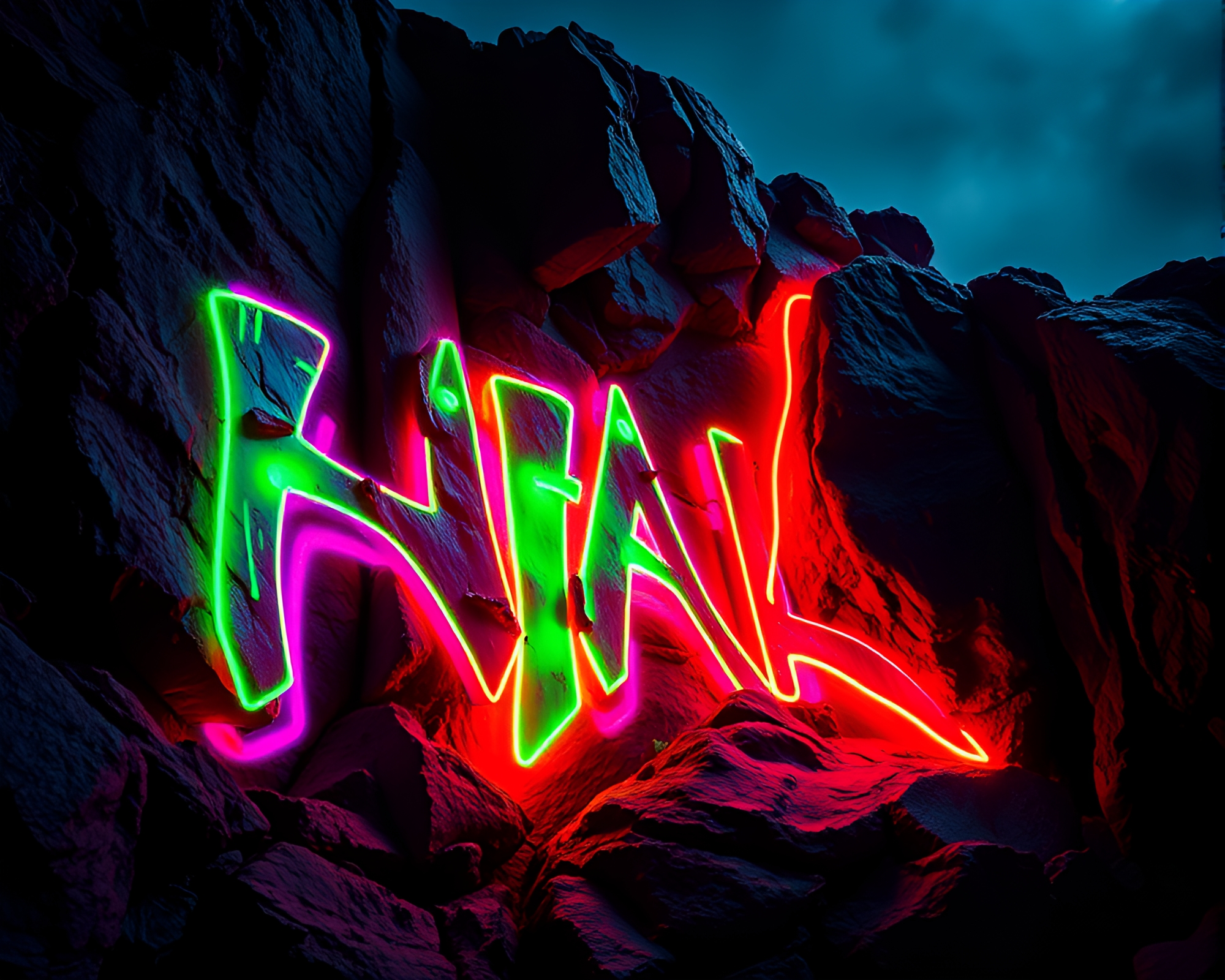 Vibrant Neon Graffiti Illuminating Obsidian Canyon Walls – free AI stock image