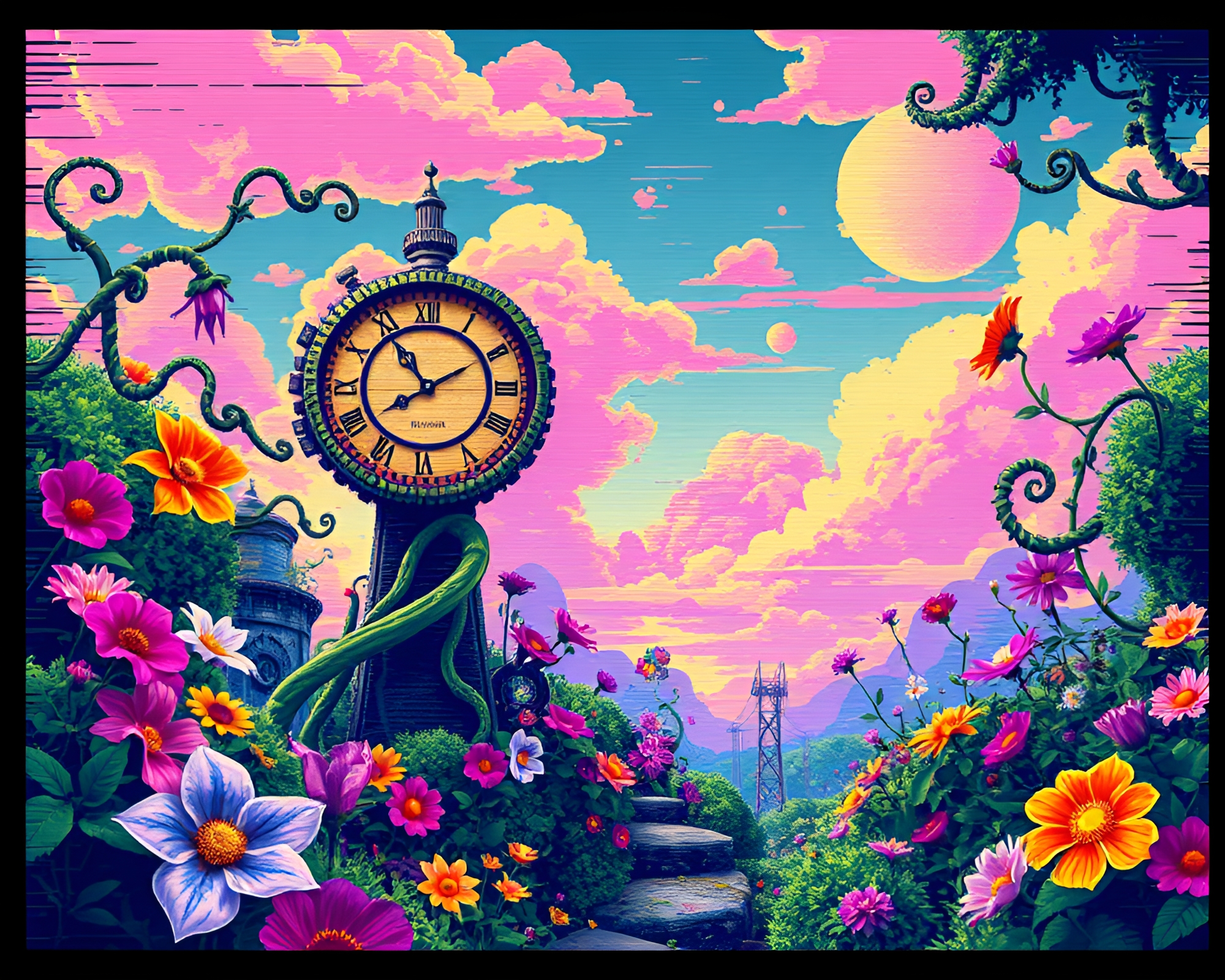 Mesmerizing Clockwork Garden in Retro 8-bit Glitch Art – free AI stock image