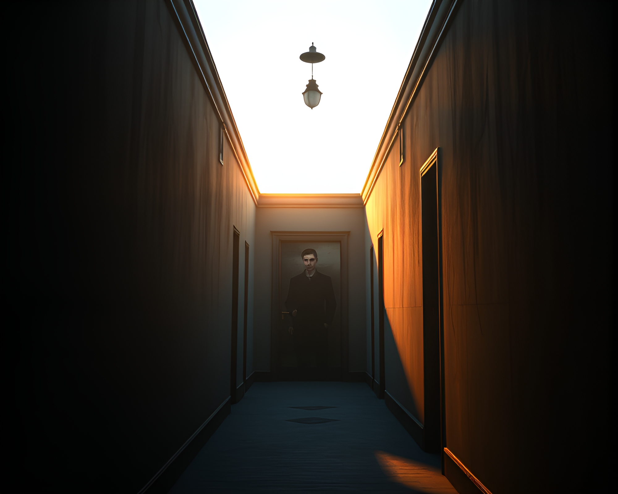 Captivating Time-Warp Corridor Leads to Enigmatic Portrait – free AI stock image