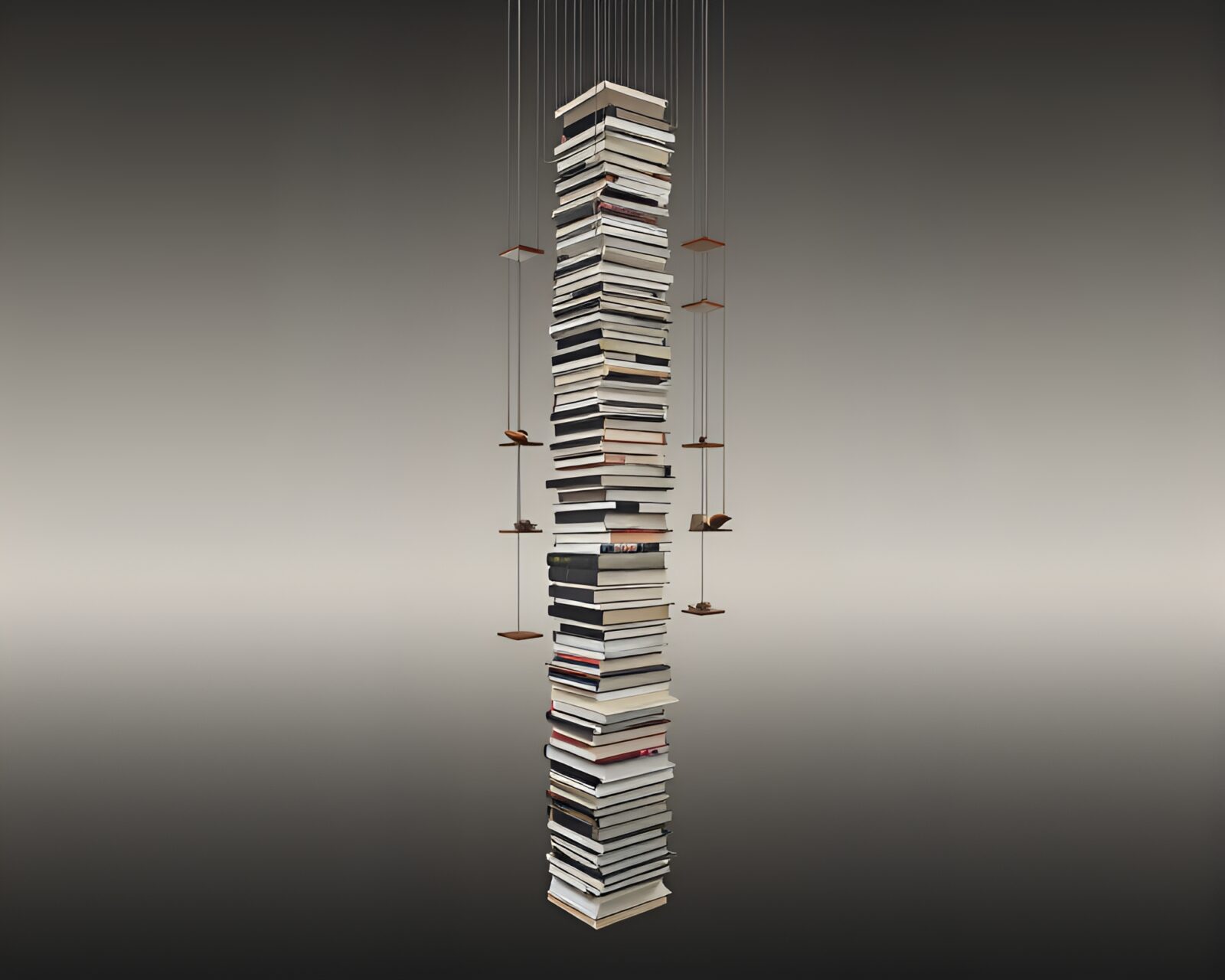 A mesmerizing tower of suspended books with varied colors and textures