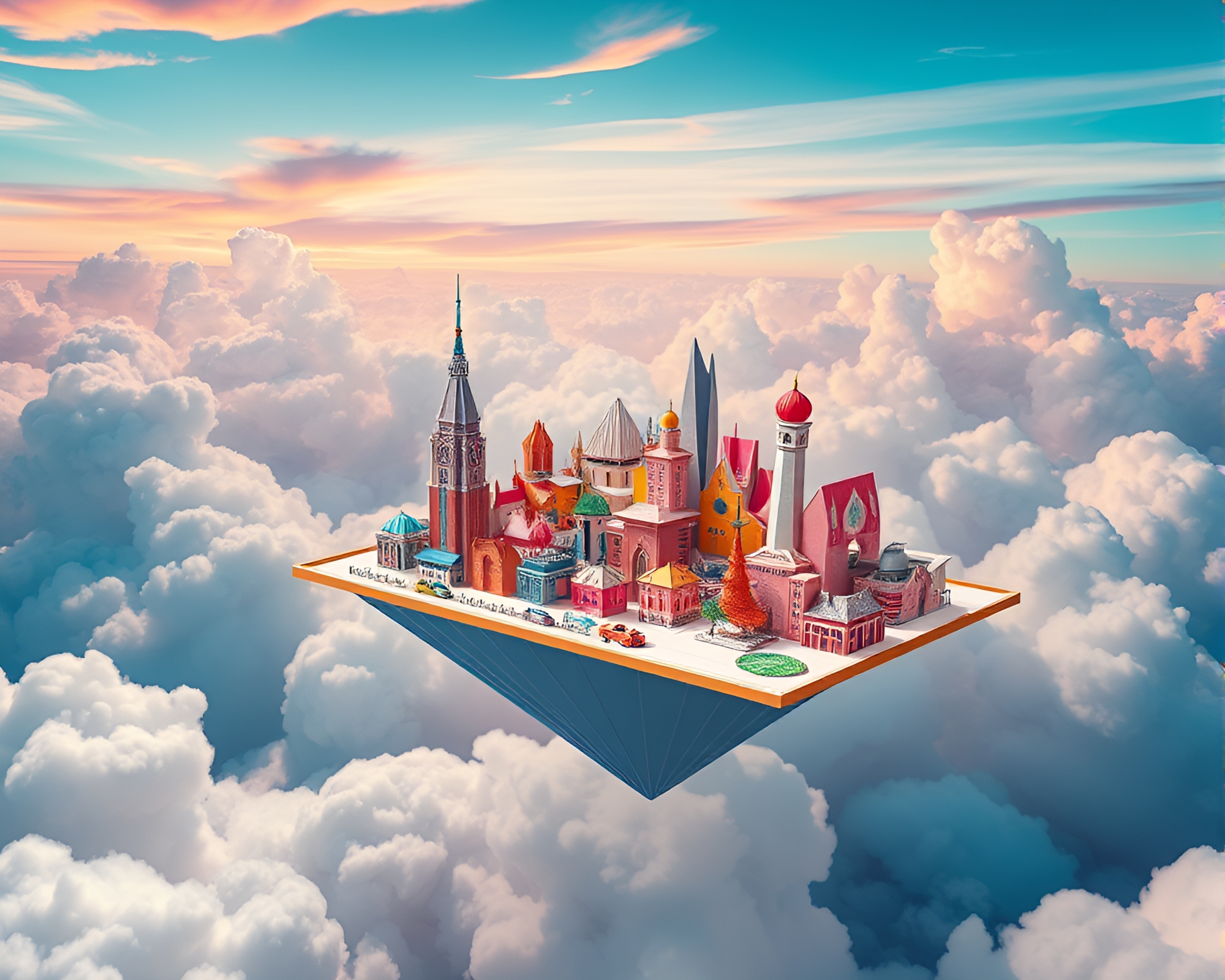 Vibrant Origami City Floating Among Clouds in Pop Art Style – free AI stock image