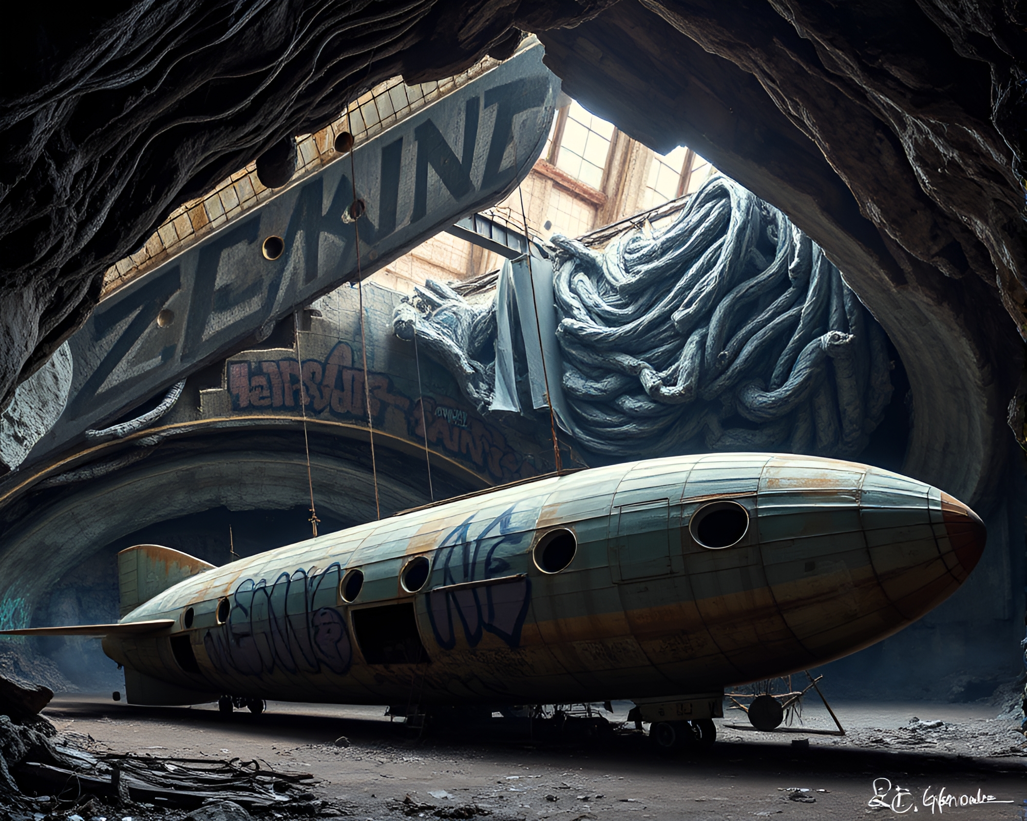 Eerie Zeppelin Graveyard in Subterranean Cavern – free AI stock image