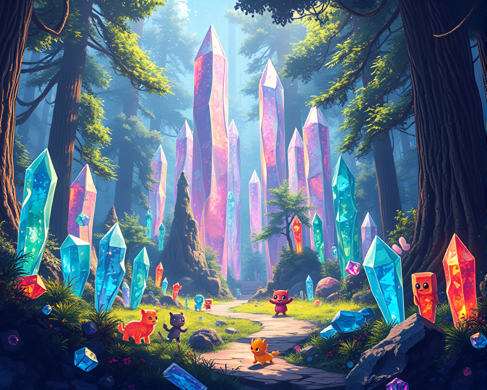 Enchanted Silicon Crystal Forest with Pixel Art Creatures – free AI stock image