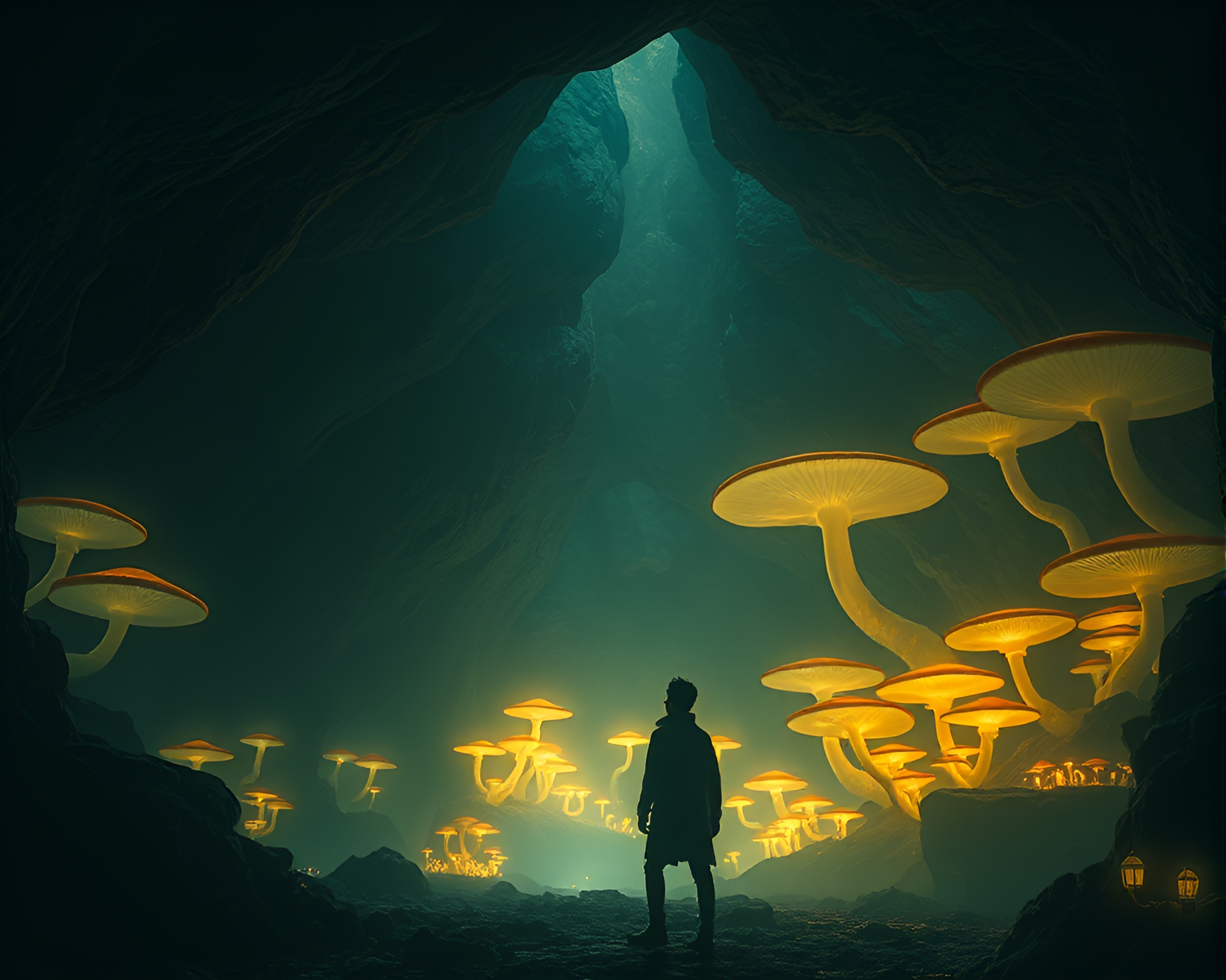 Ethereal Cave Scene with Illuminated Figure Vector Illustration – free AI stock image