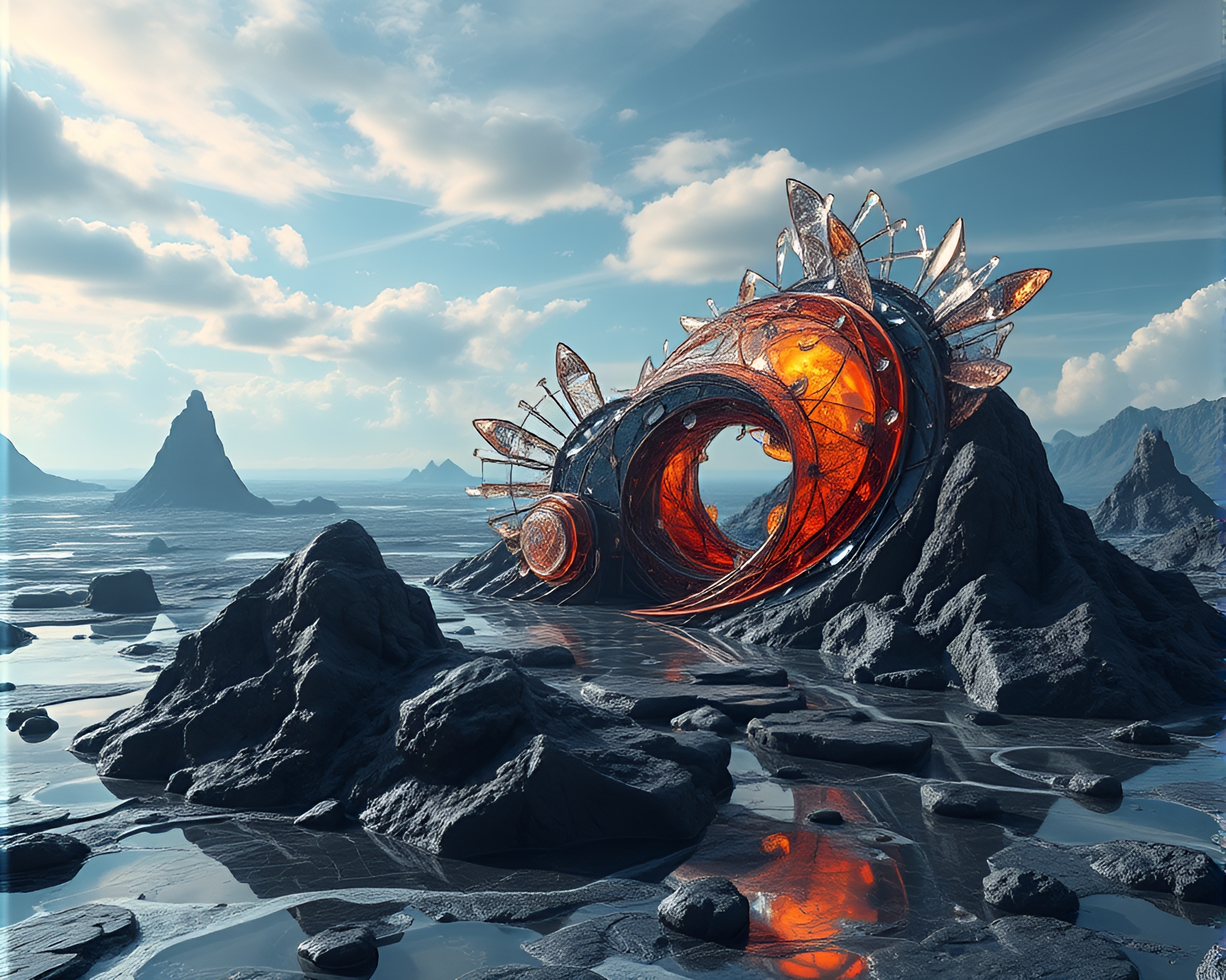 Ethereal Kinetic Sculpture in Shiny Volcanic Glass Landscape – free AI stock image
