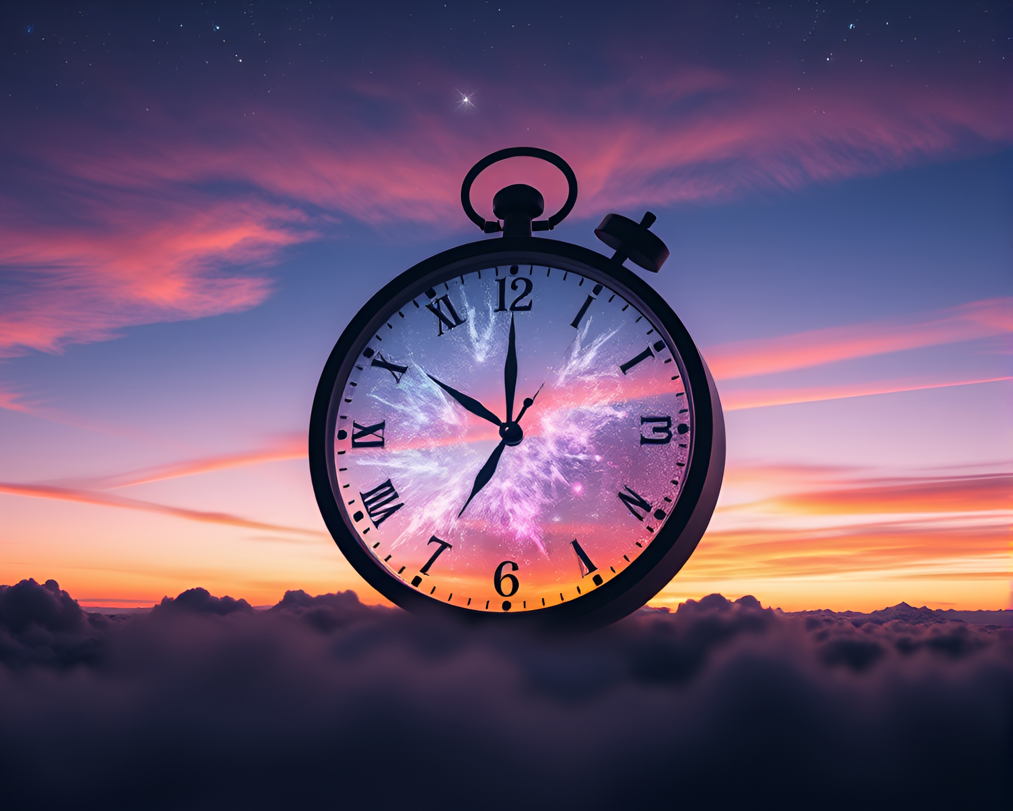 Surreal Cosmic Clock Illuminating Twilight Sky – free AI stock image
