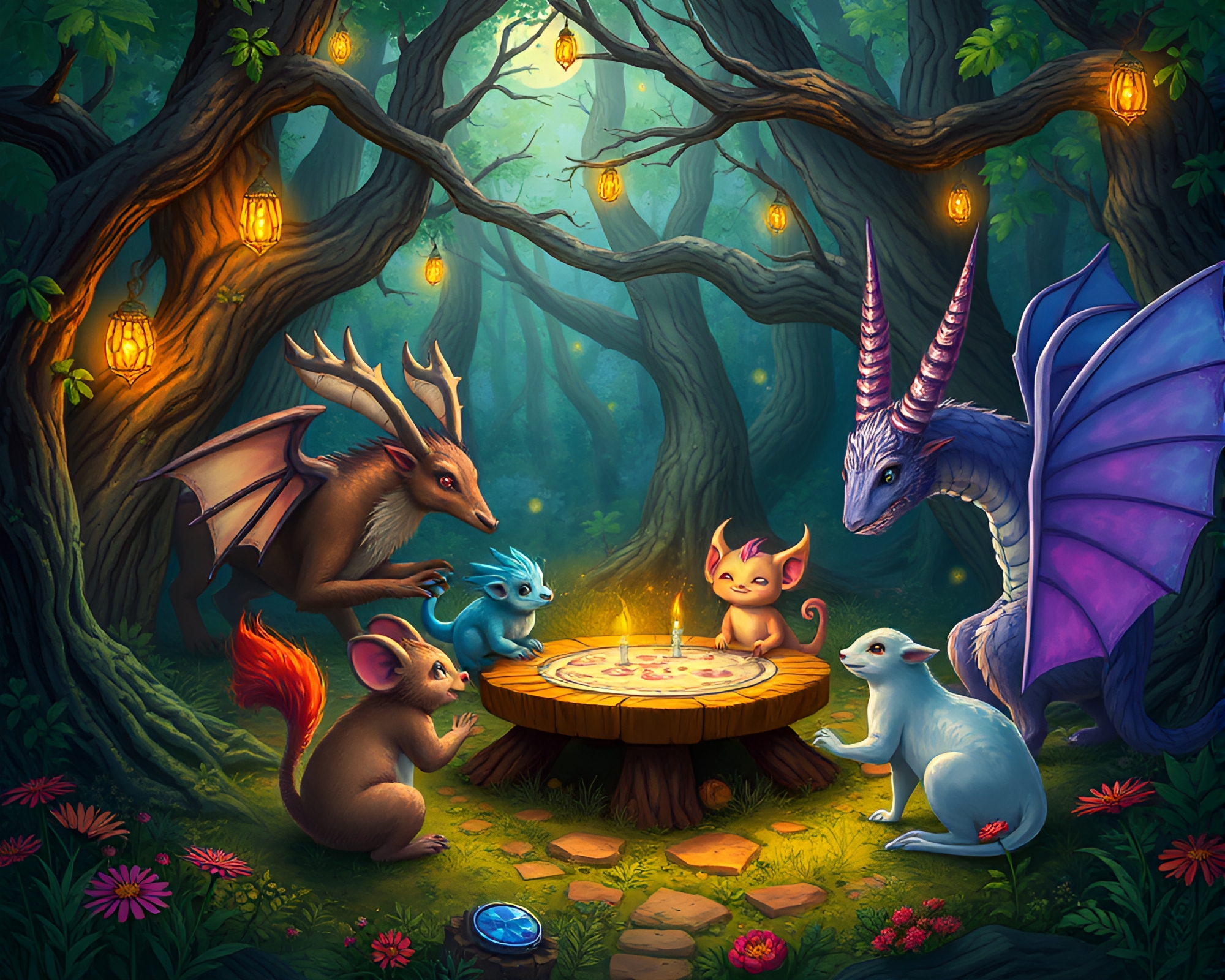 Whimsical Game of Chance in Spectral Oak Forest – free AI stock image