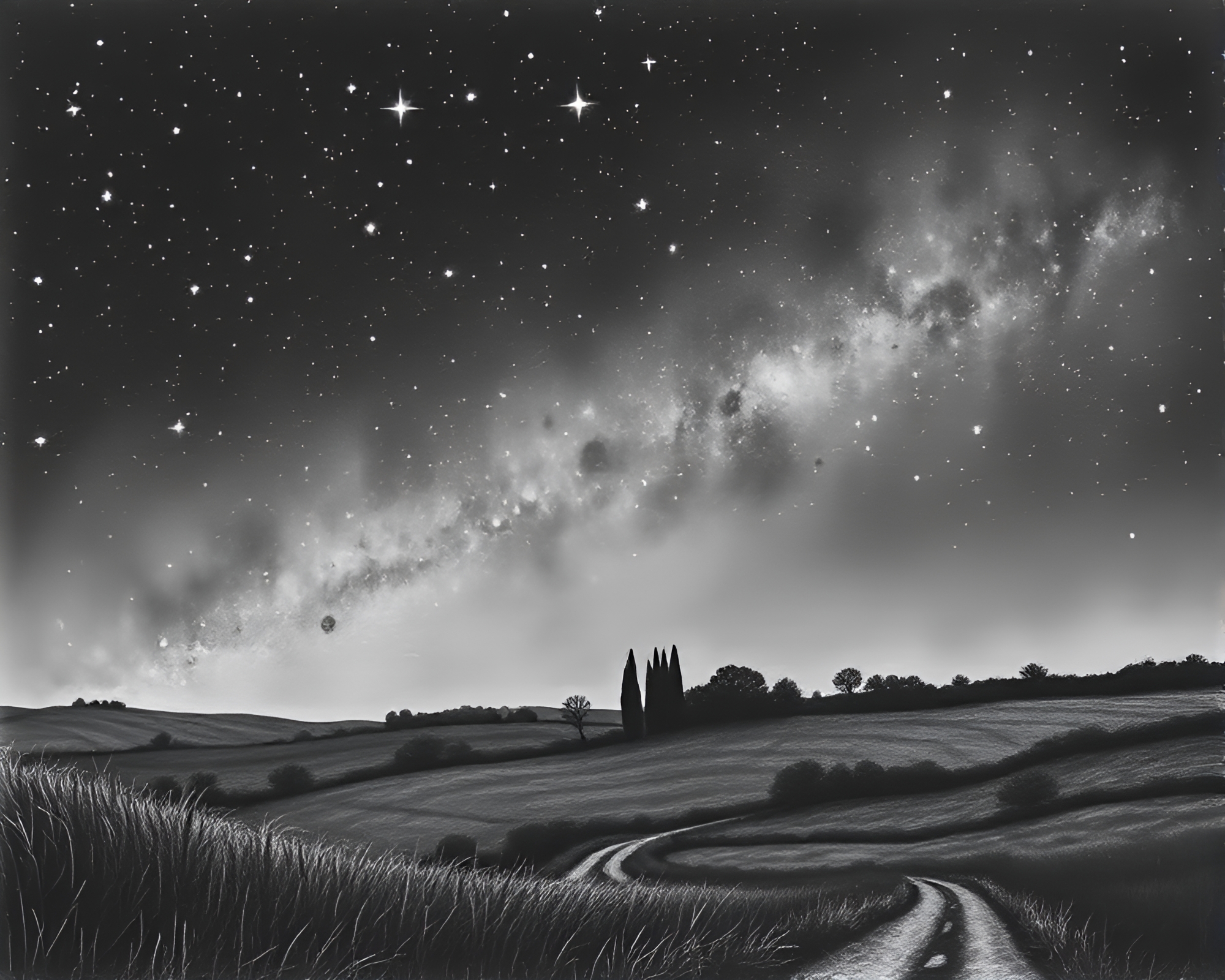 Tranquil Night Sky Over Captivating Charcoal Landscape – free AI stock image