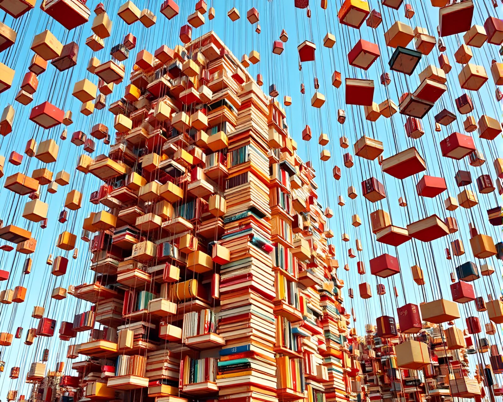Vibrant and harmonious cubist structure made of suspended books