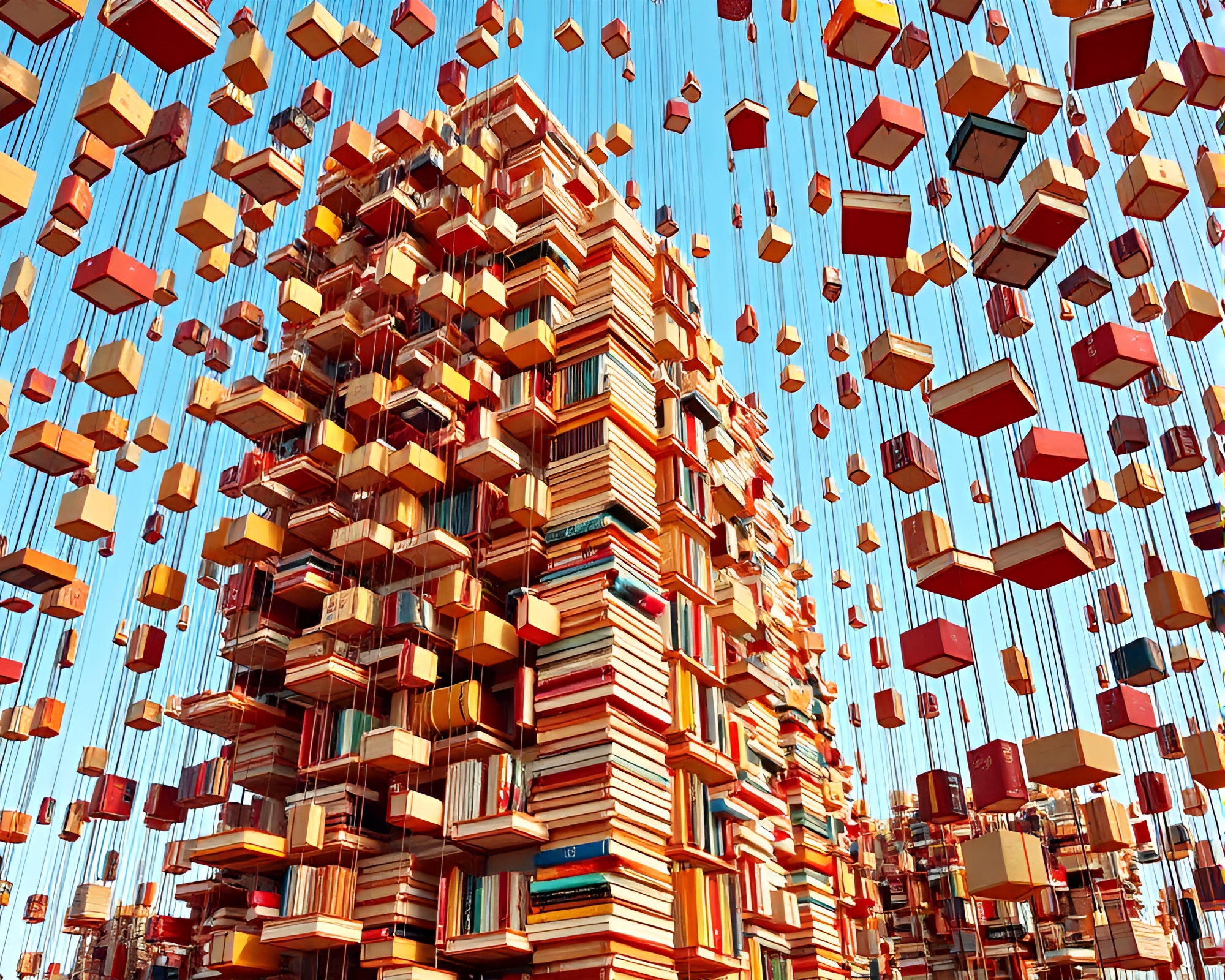 Tower of Suspended Books Creates Mesmerizing Scene – free AI stock image