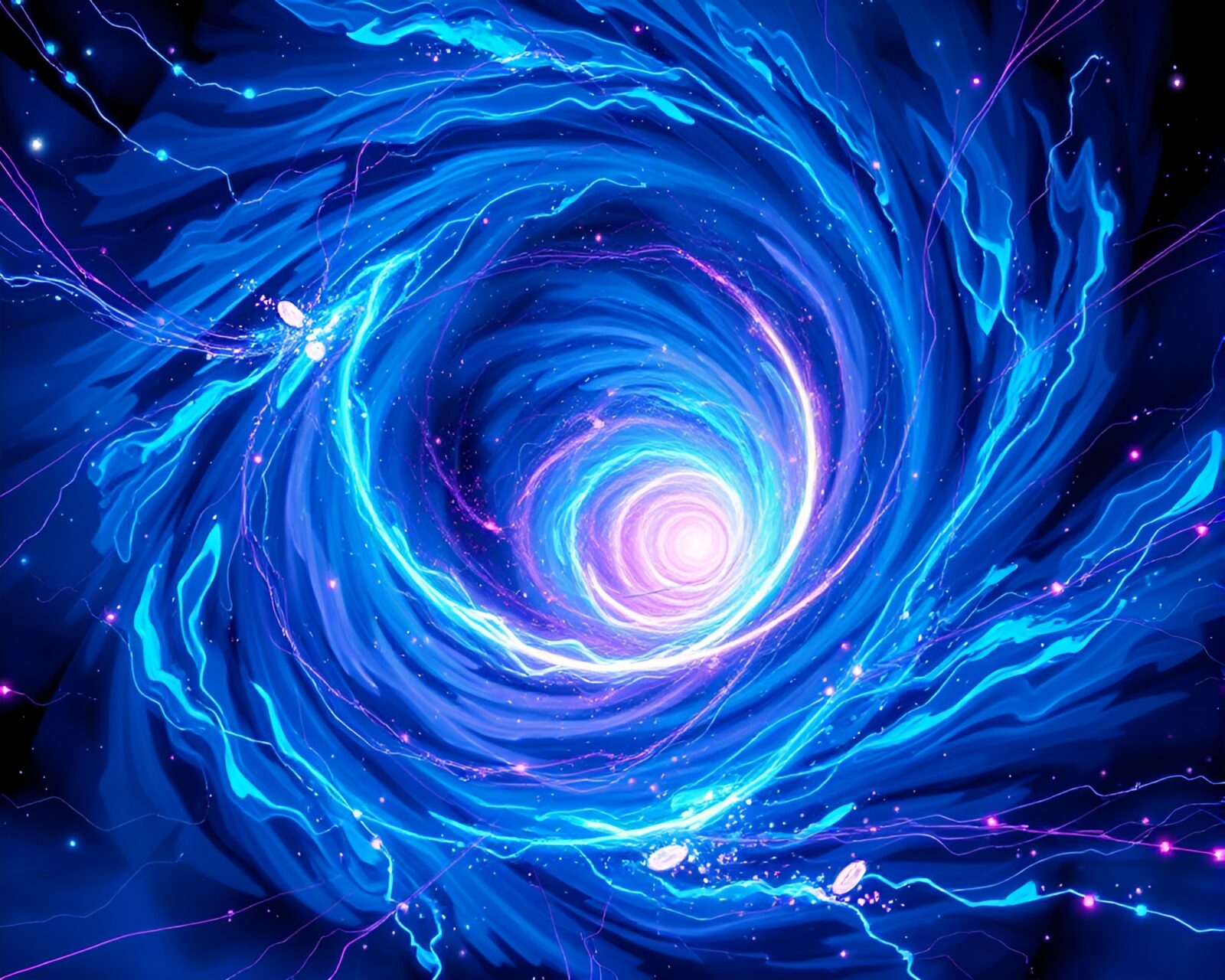 Anime image of swirling quantum vortex in blues, purples, with neon accents