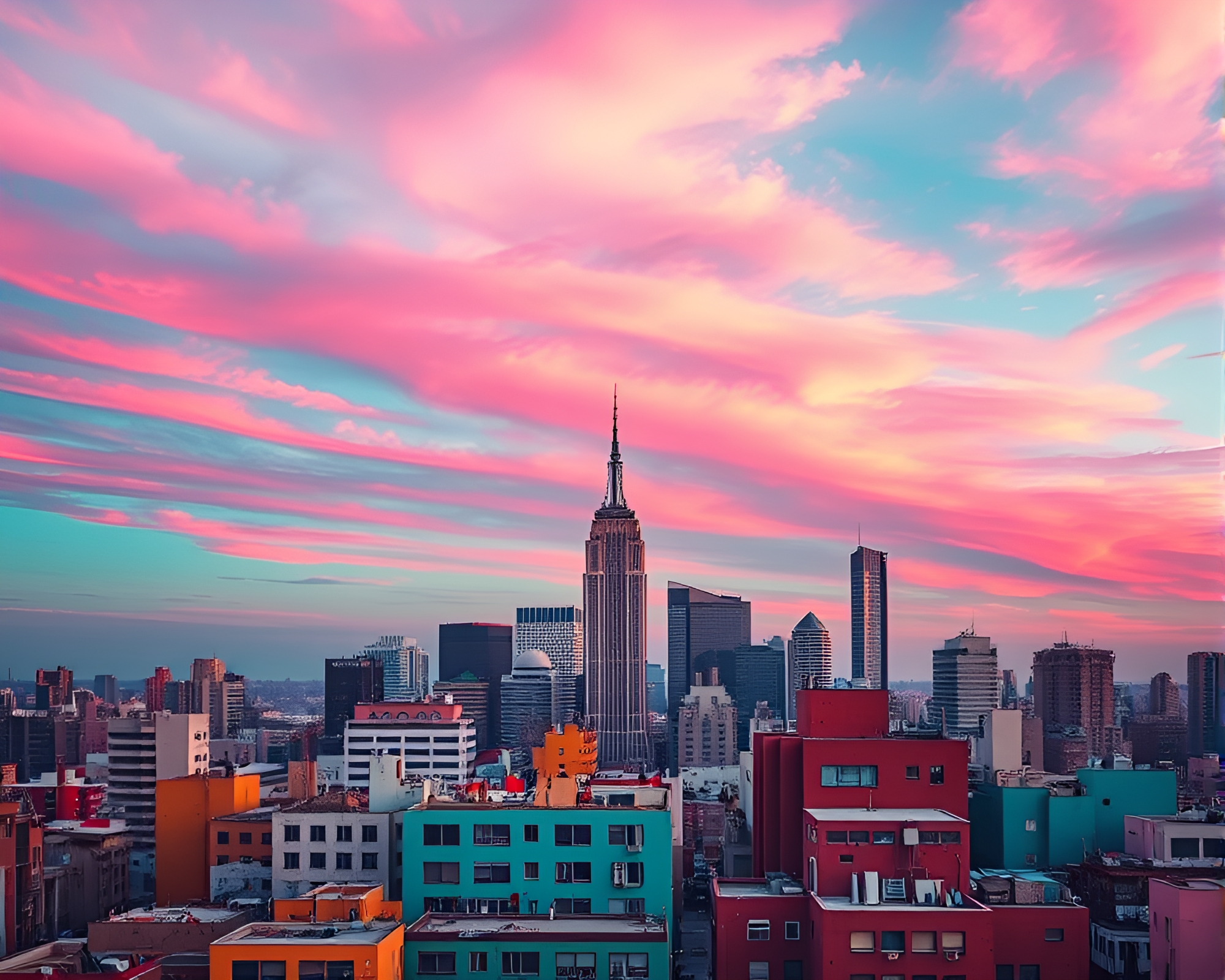 Vibrant Pop Art Cityscape Under Pastel Sky – free AI stock image