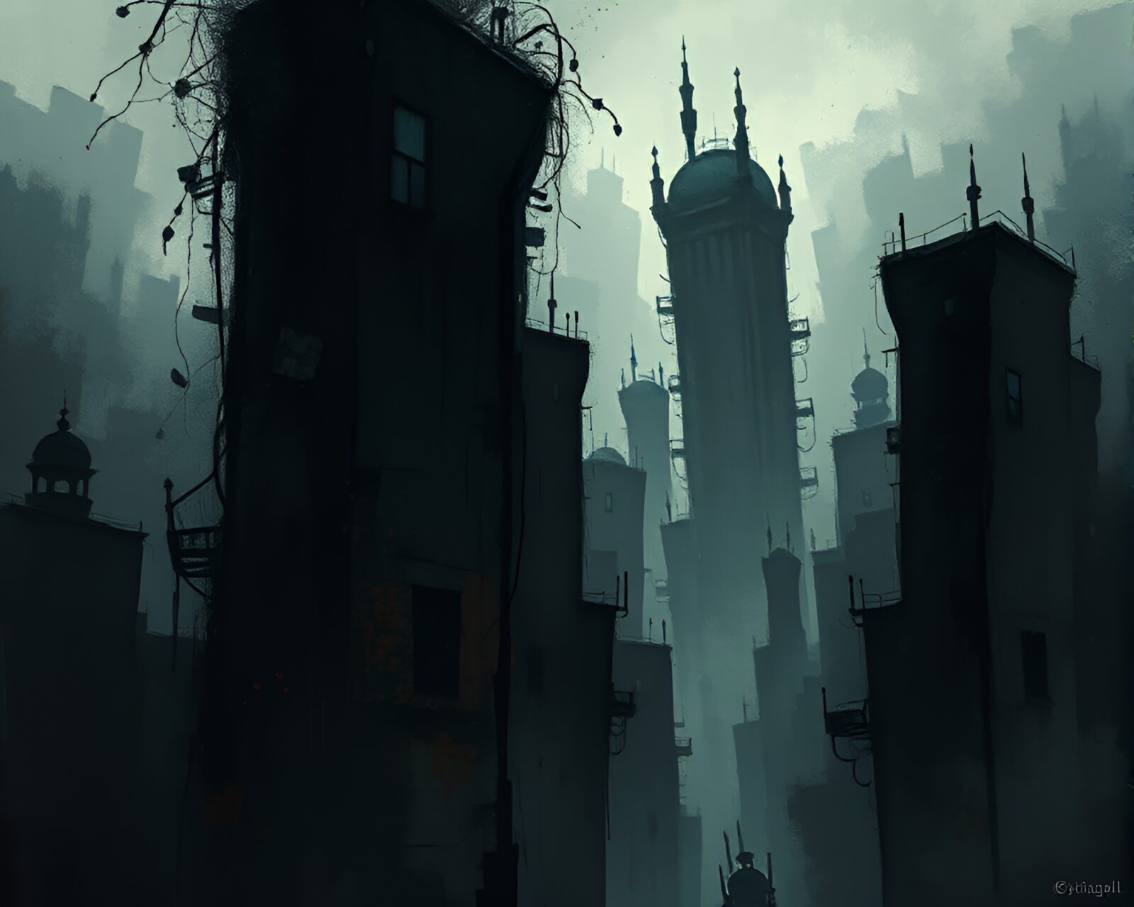 Dark and mystical abstract scene with distorted building reflections