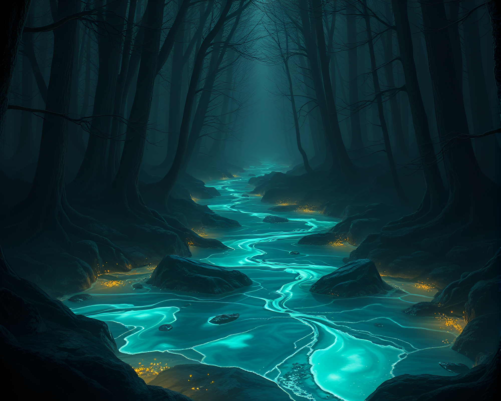 Enigmatic Mercury River Flows Through Mysterious Forestscape – free AI stock image
