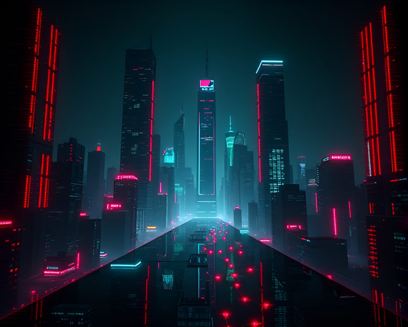 Eerie dystopian cityscape with distorted glitched pixelated buildings at night