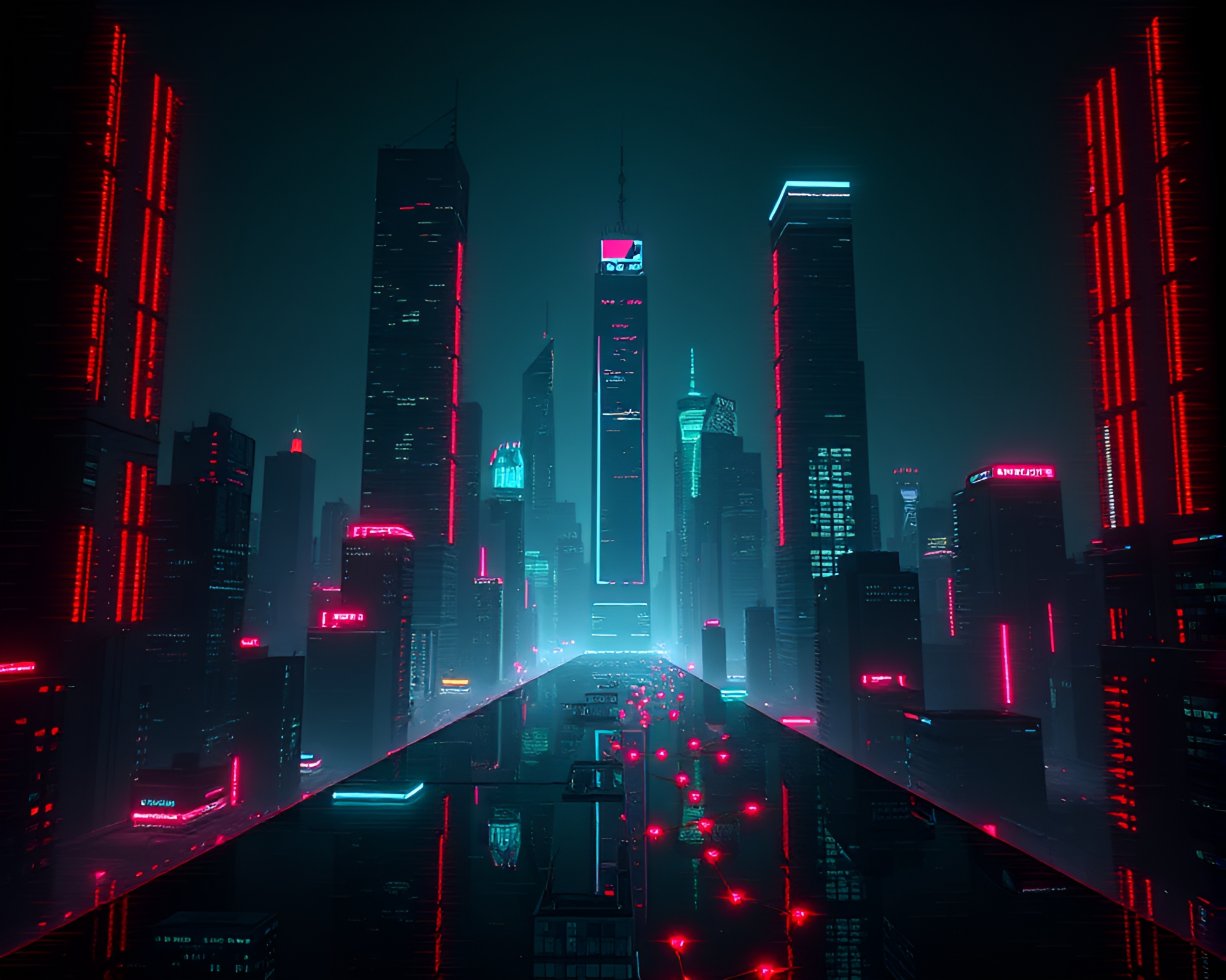 Surreal Cyberpunk Cityscape: Glitched Skyscrapers in Dark Mirror – free AI stock image