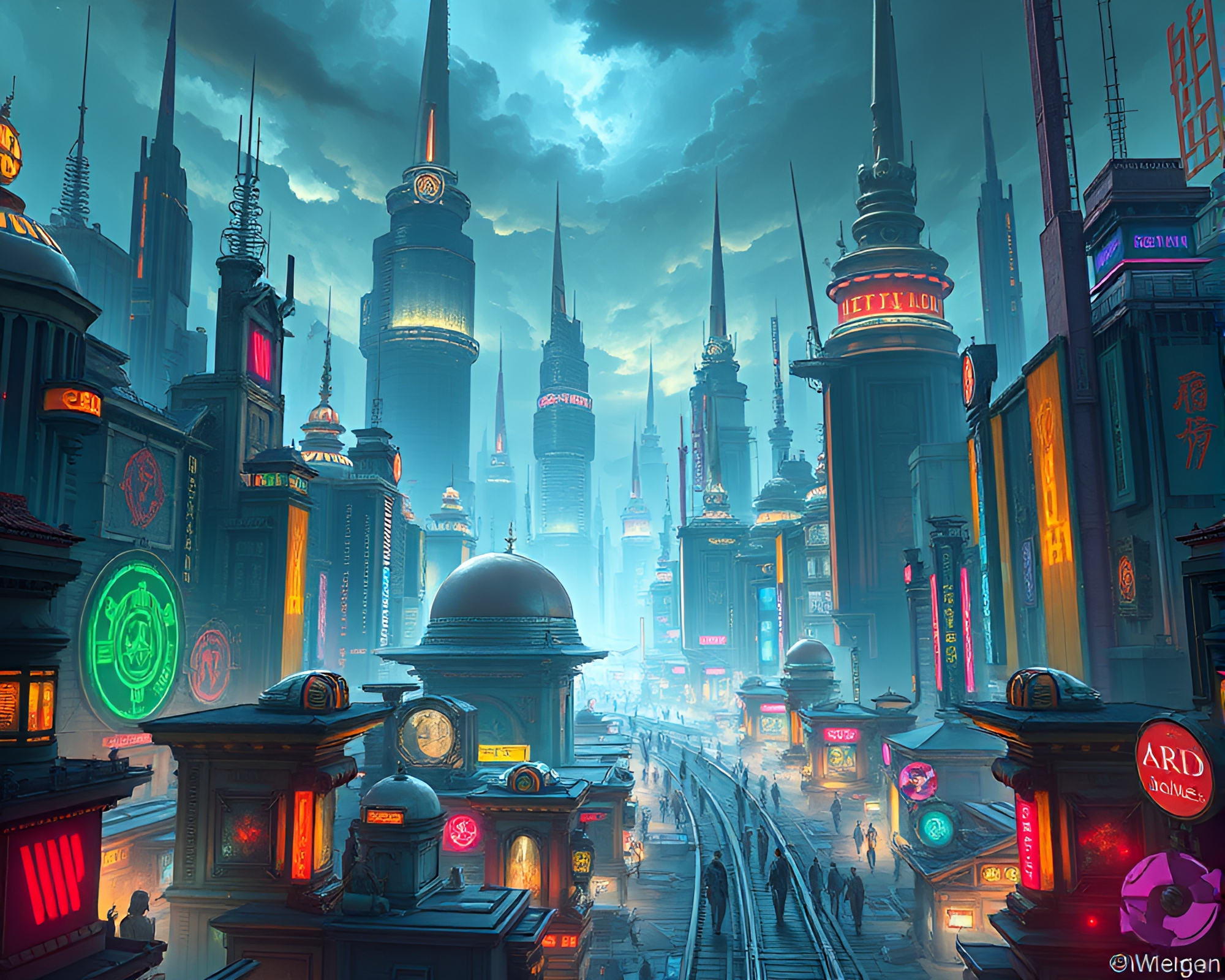 Enchanting Retro-Futuristic Metropolis Illuminated by Crystal Energy – free AI stock image