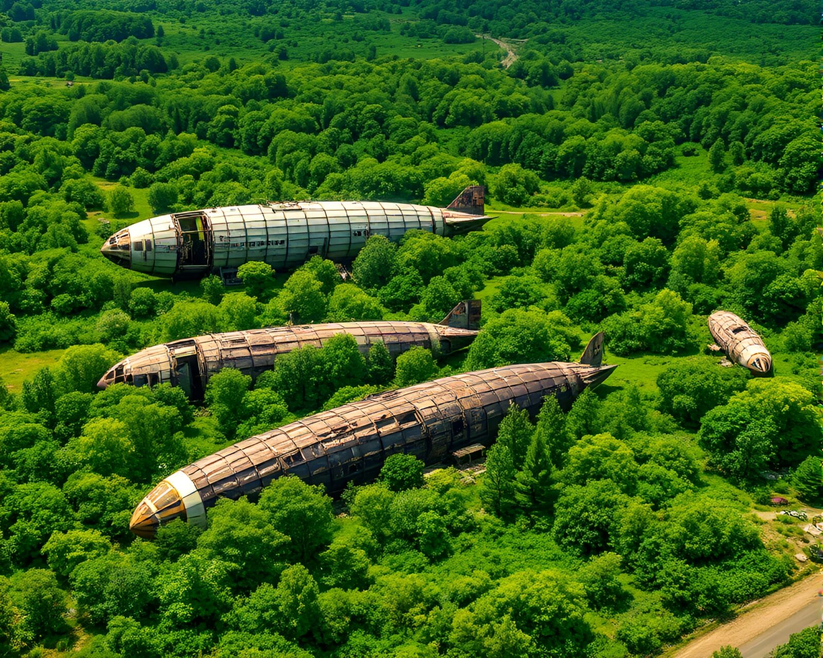 A haunting scene of rusted zeppelins scattered in nature
