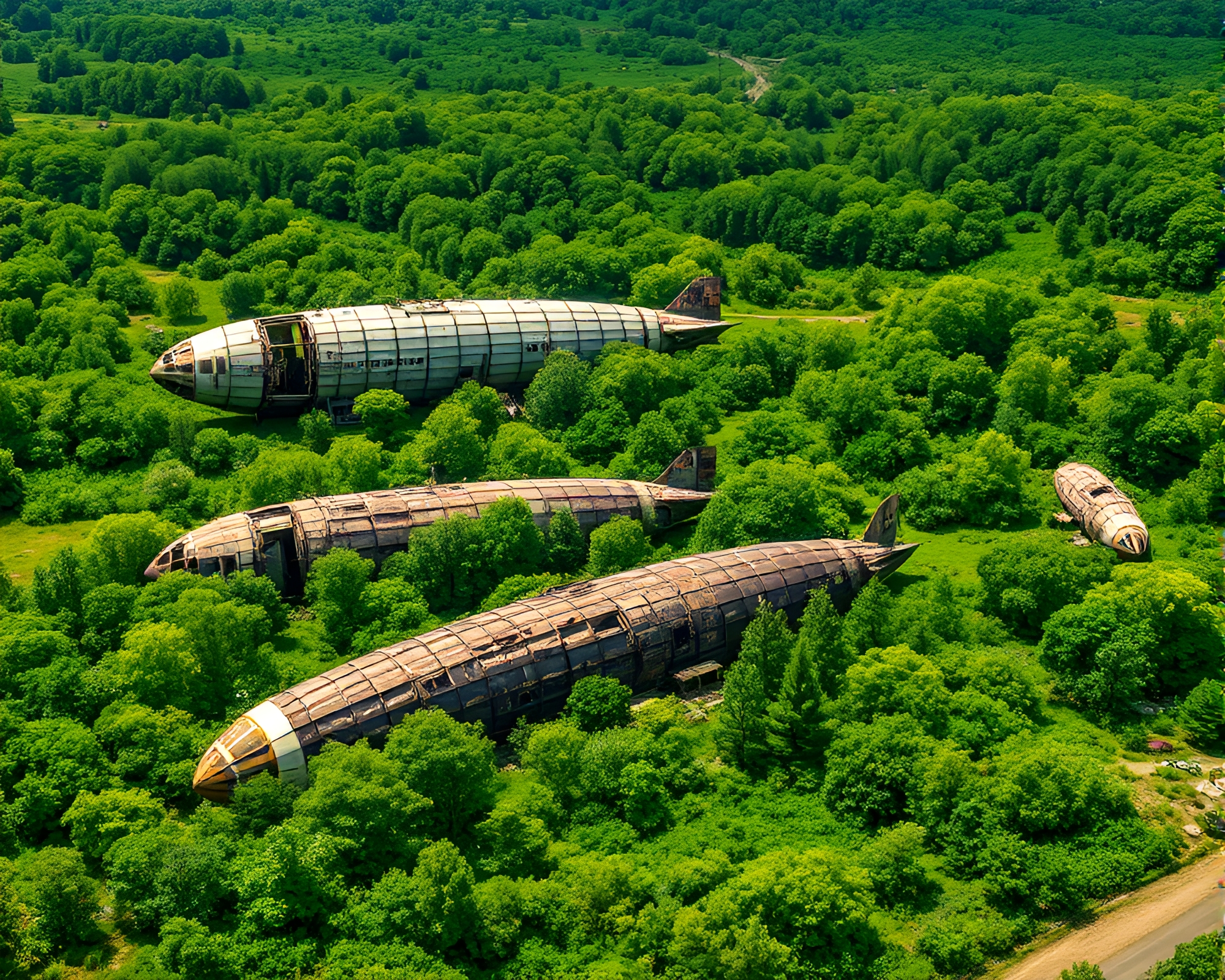 Decayed Zeppelin Graveyard in Lush Landscape – free AI stock image
