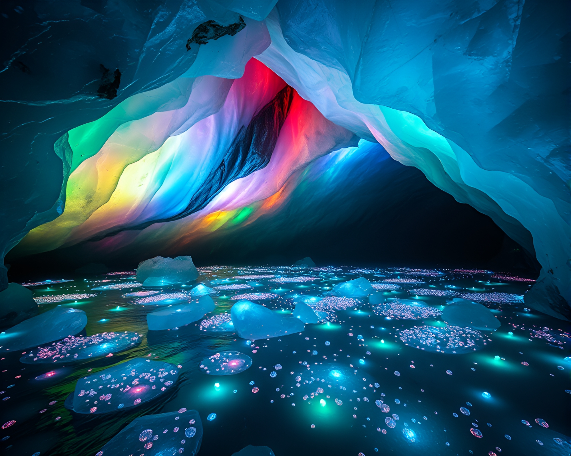 Ethereal Bioluminescent Ice Prism Cavern Illustration – free AI stock image