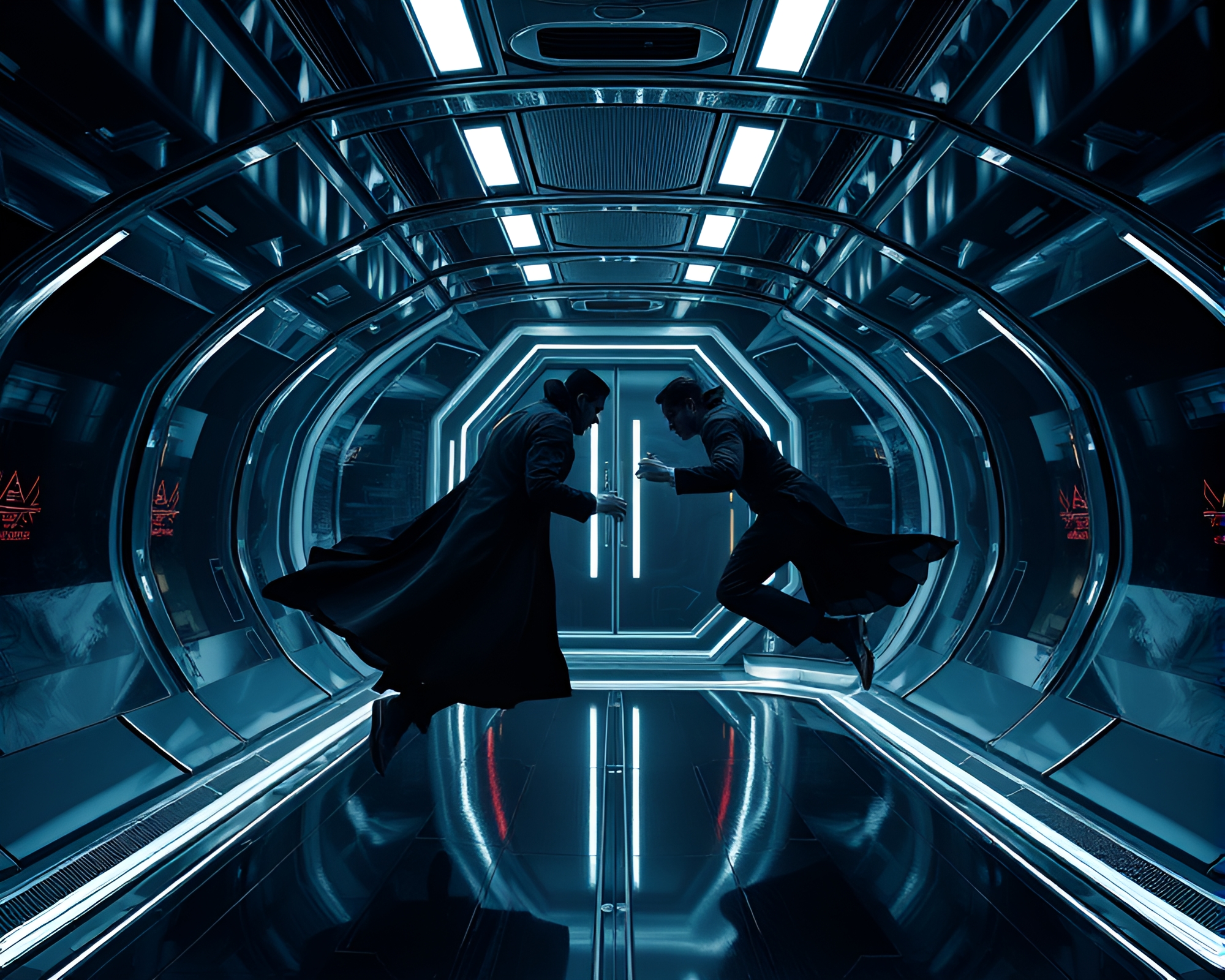Zero Gravity Confrontation in Futuristic Chamber – free AI stock image