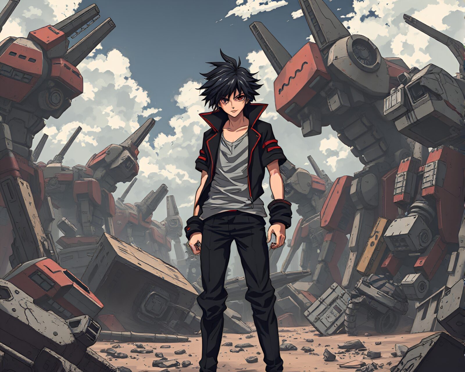A determined and melancholic anime character in a desolate junkyard