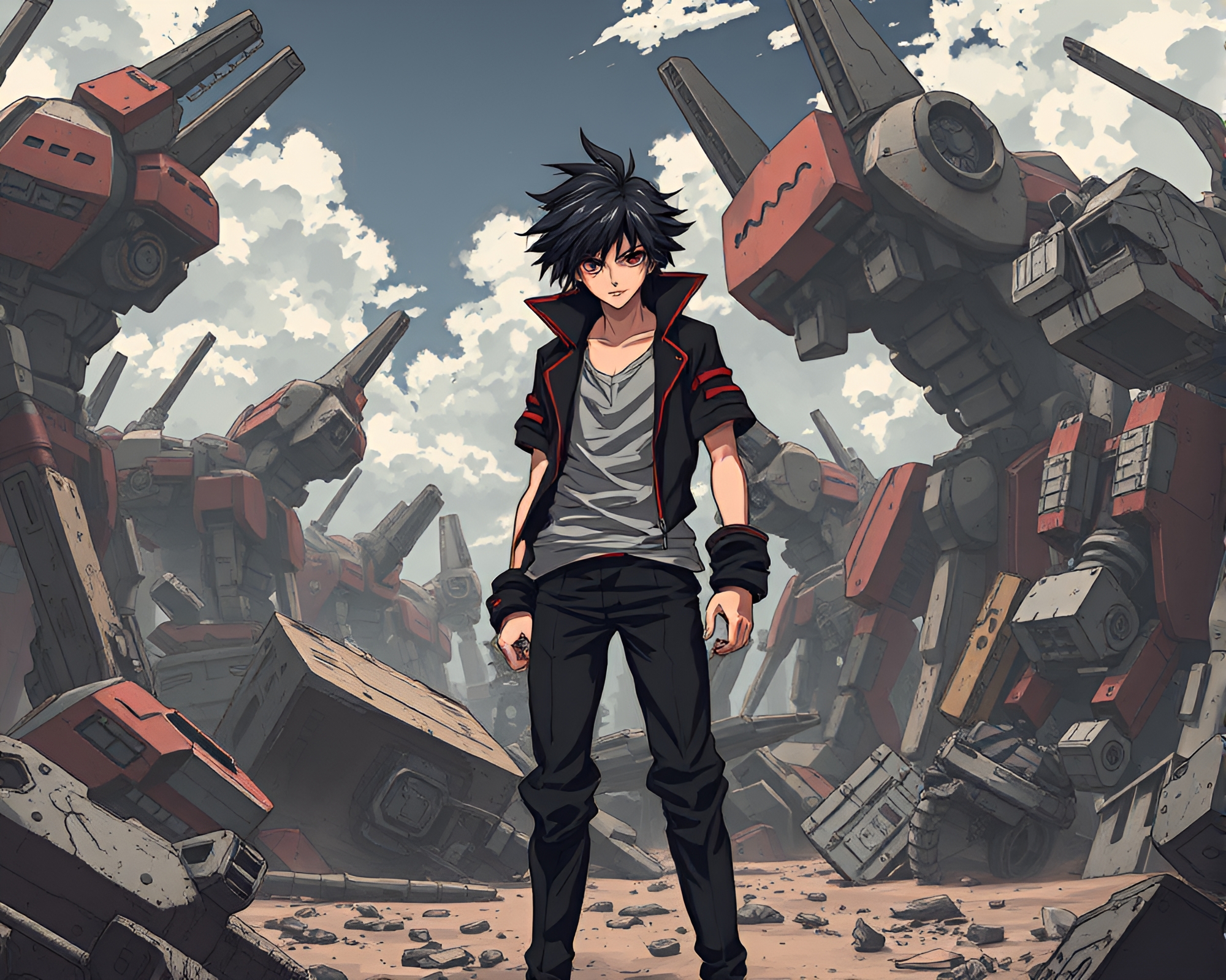 Edgy Anime Character Against Ruined Robotic Junkyard – free AI stock image