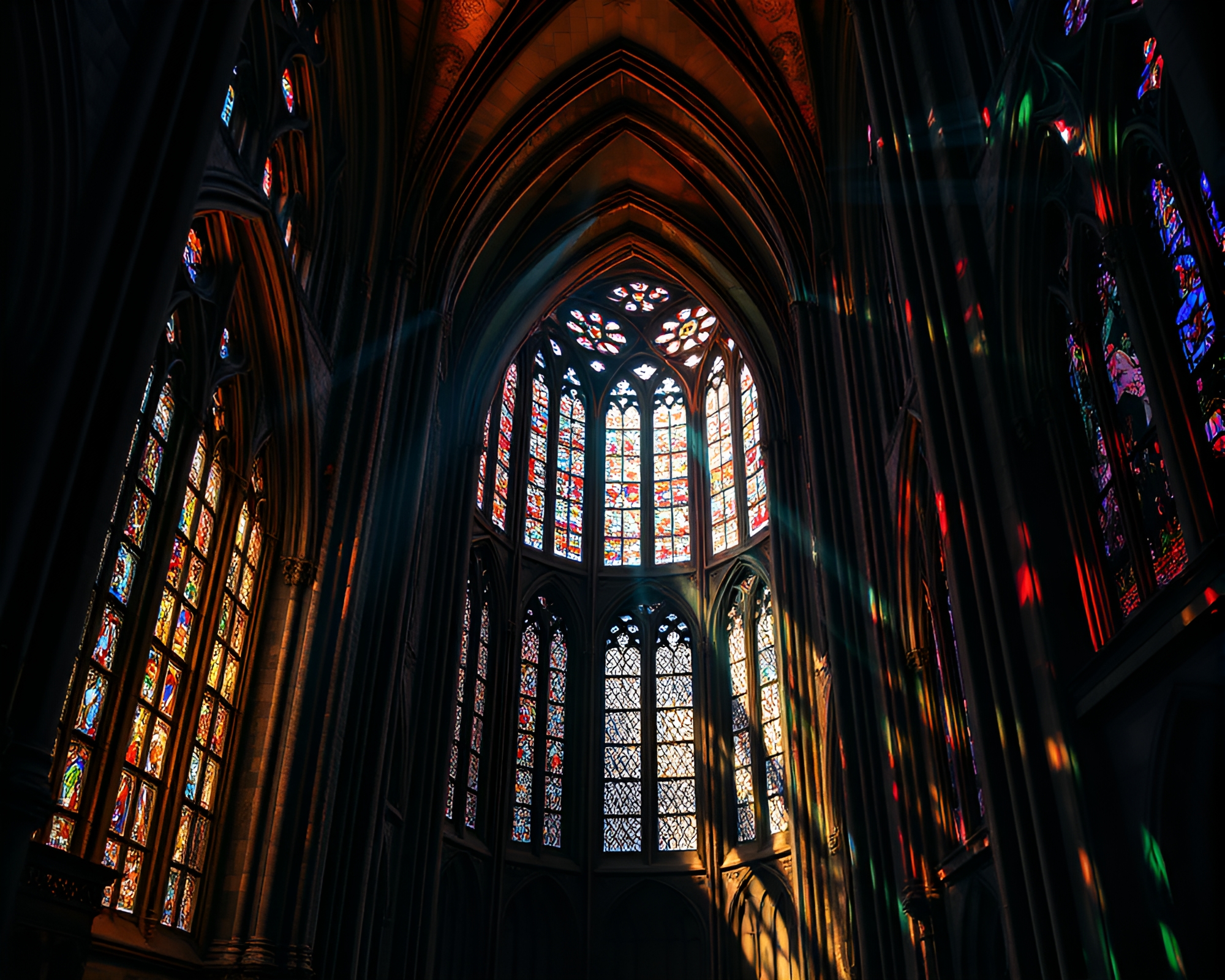 Mesmerizing Gothic Cathedral Interior Illuminated with Vibrant Light – free AI stock image